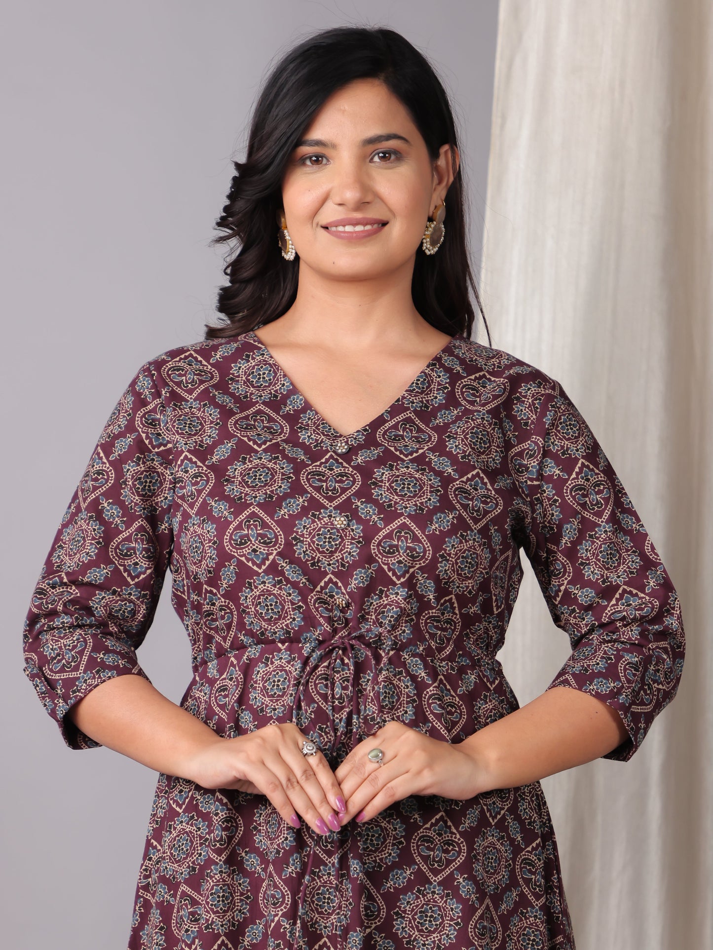 Soft Cotton Geometric A-line Wine Dress