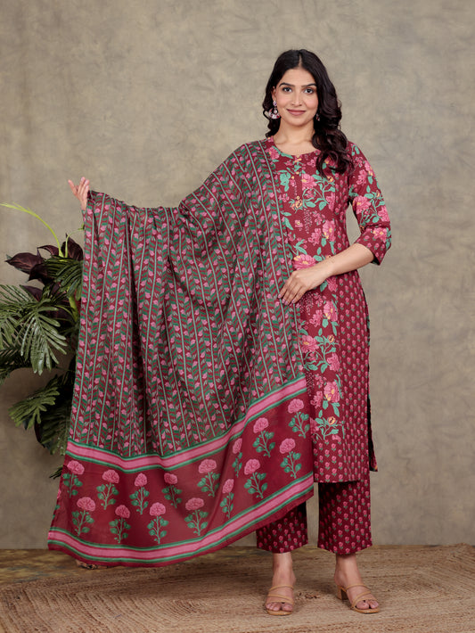 Cotton Voile Floral Red Dupatta