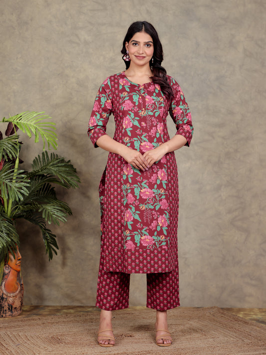 Soft Cotton Floral Straight Red Kurta