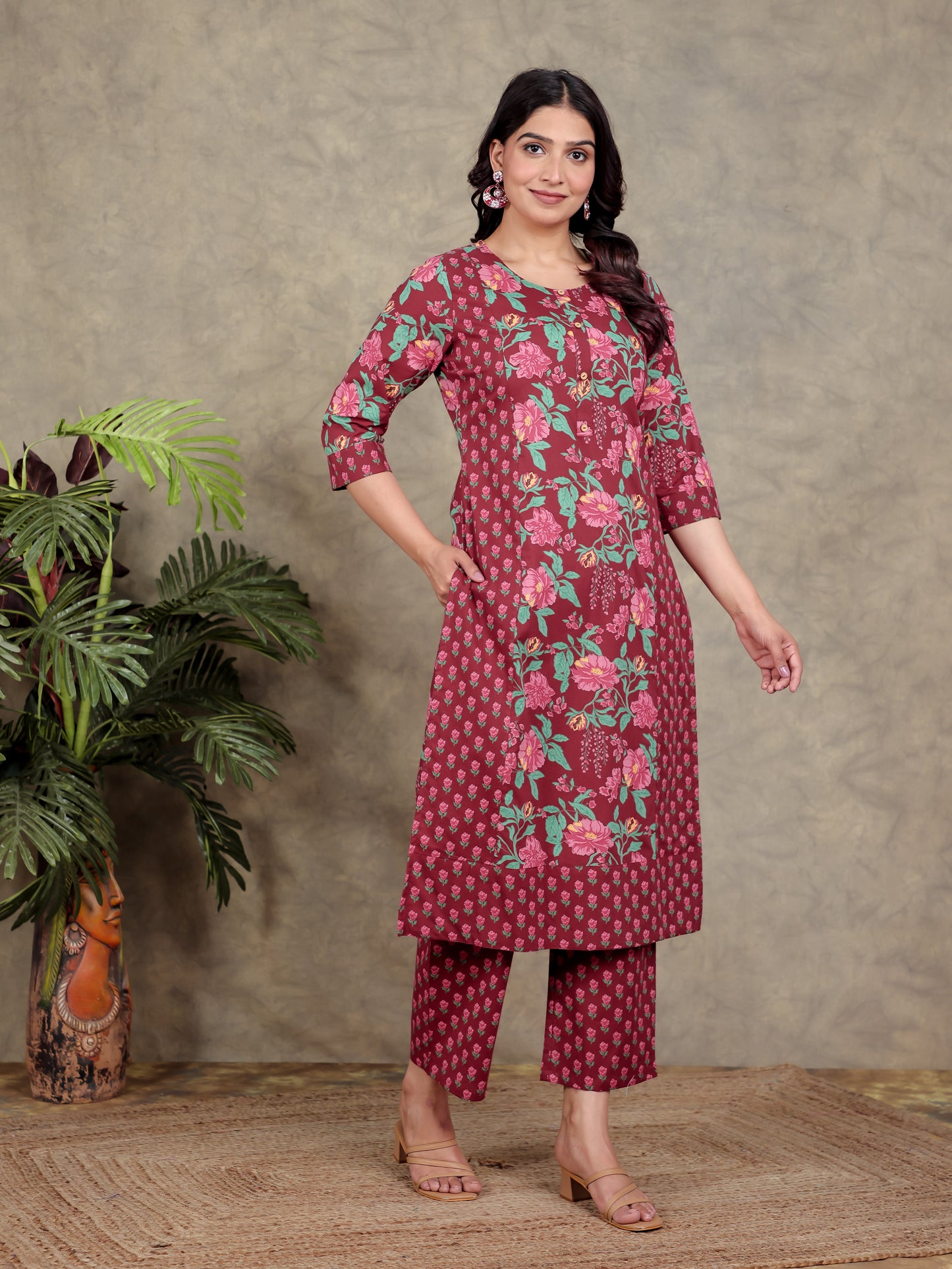 Soft Cotton Floral Straight Red Kurta
