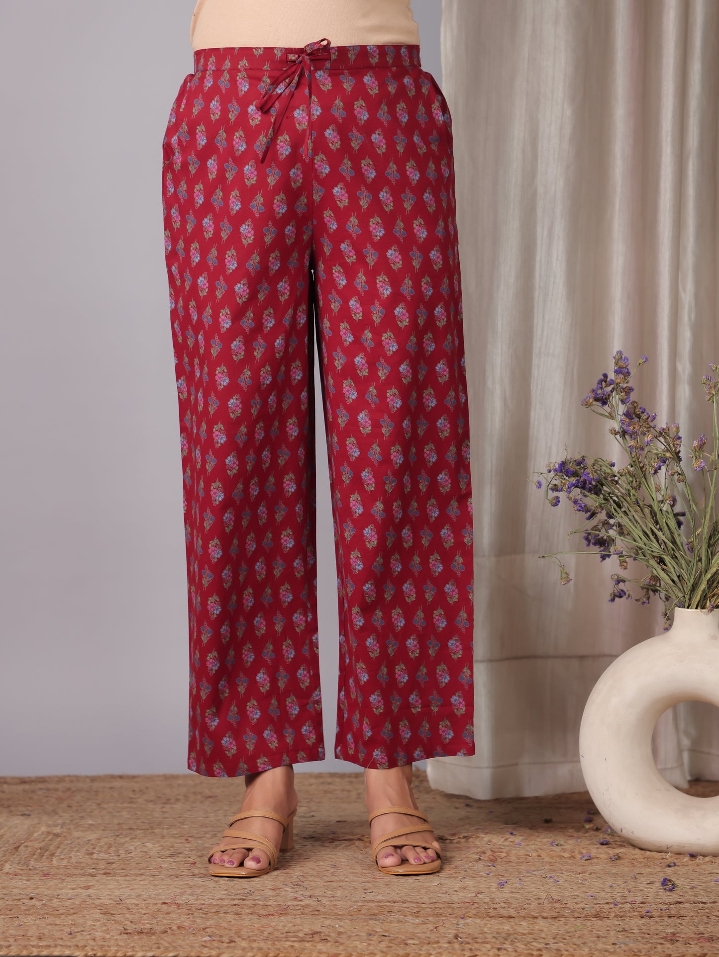 Soft Cotton Floral Red Straight Trousers