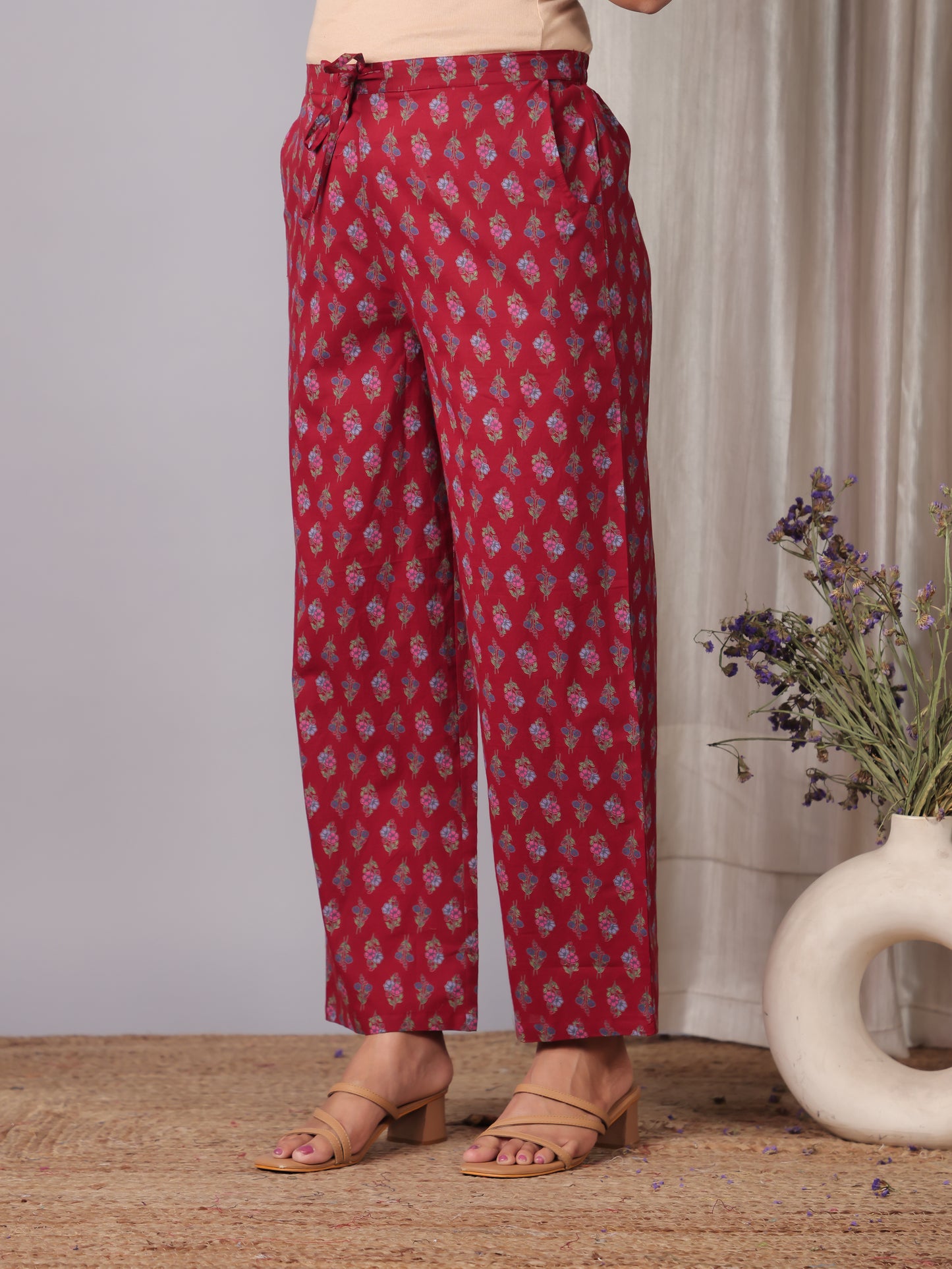 Soft Cotton Floral Red Straight Trousers