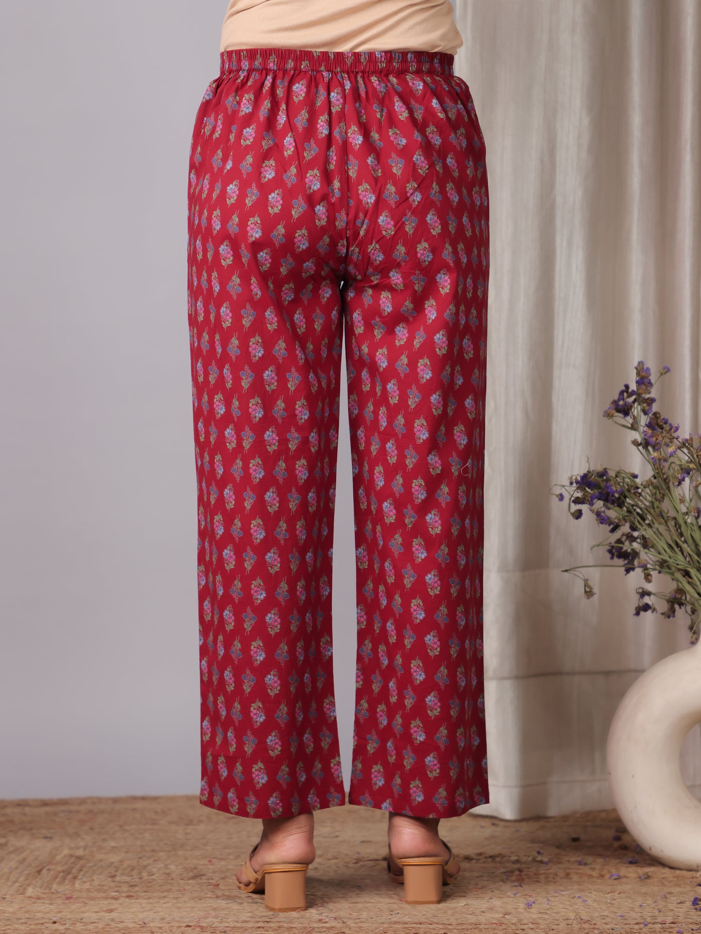Soft Cotton Floral Red Straight Trousers
