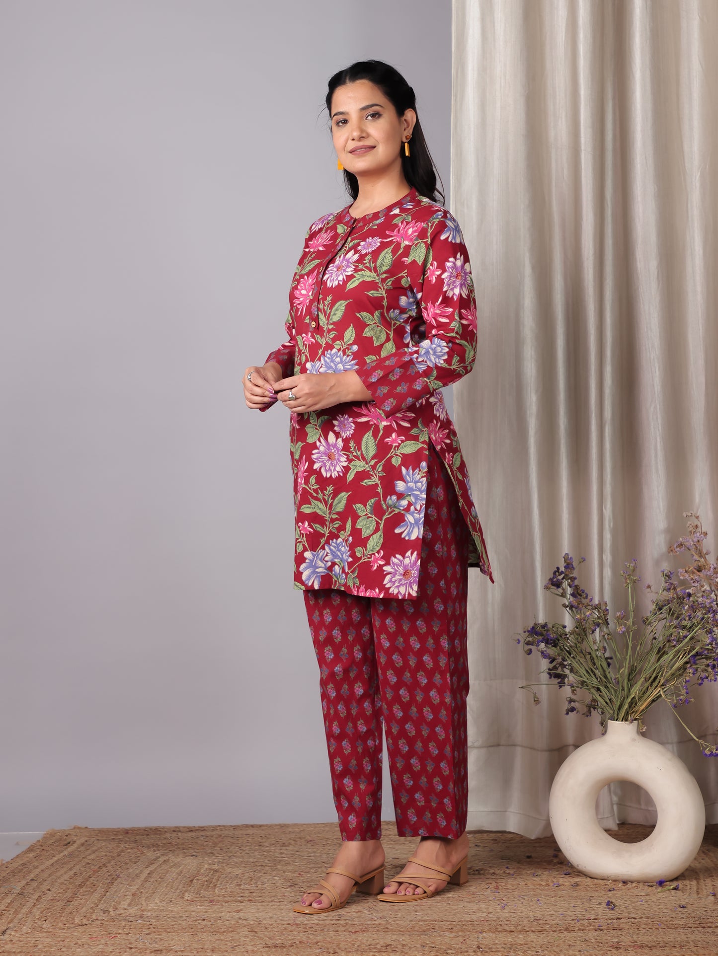 Soft Cotton Floral Straight Red Kurta