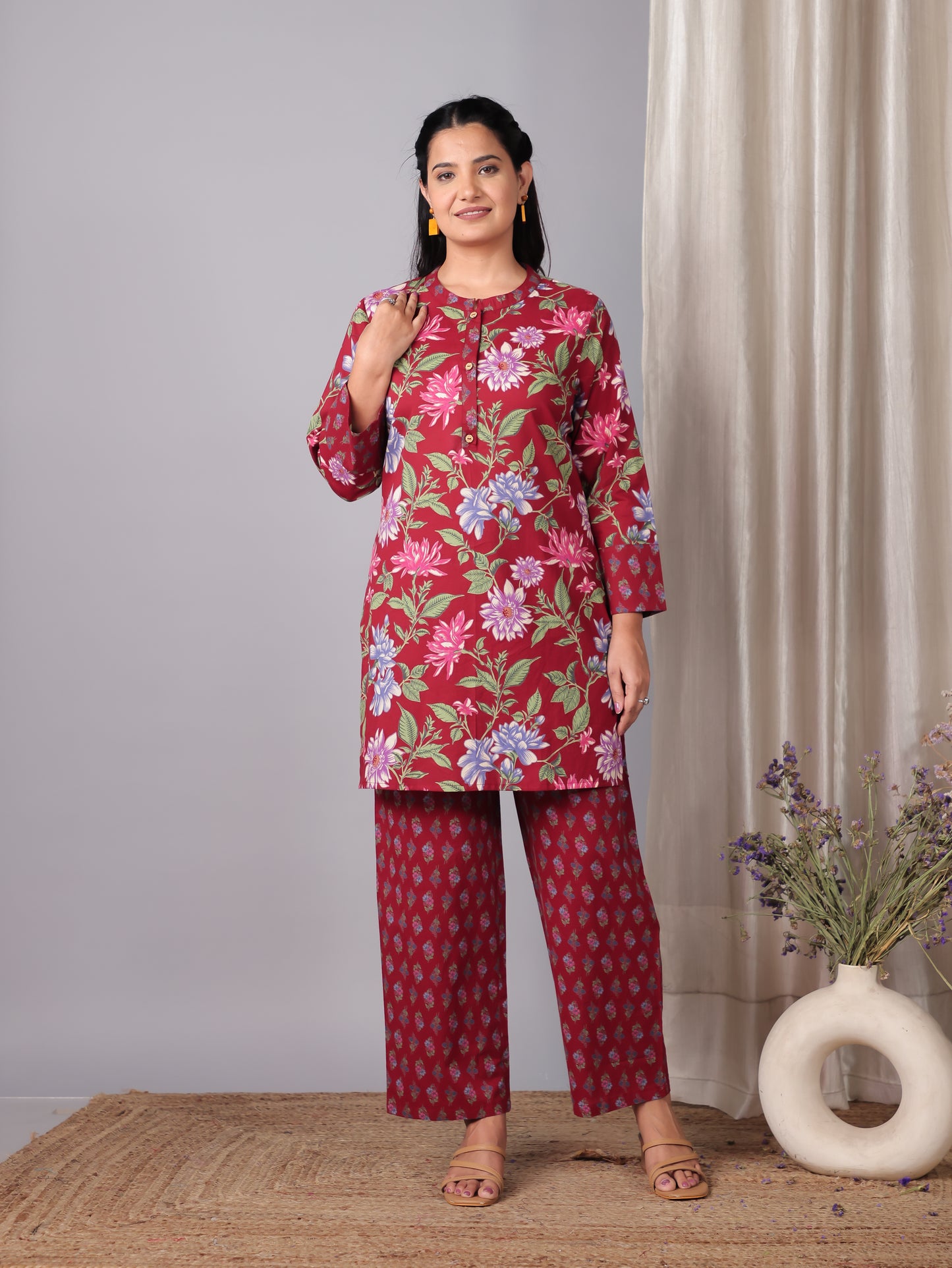 Soft Cotton Floral Straight Red Kurta