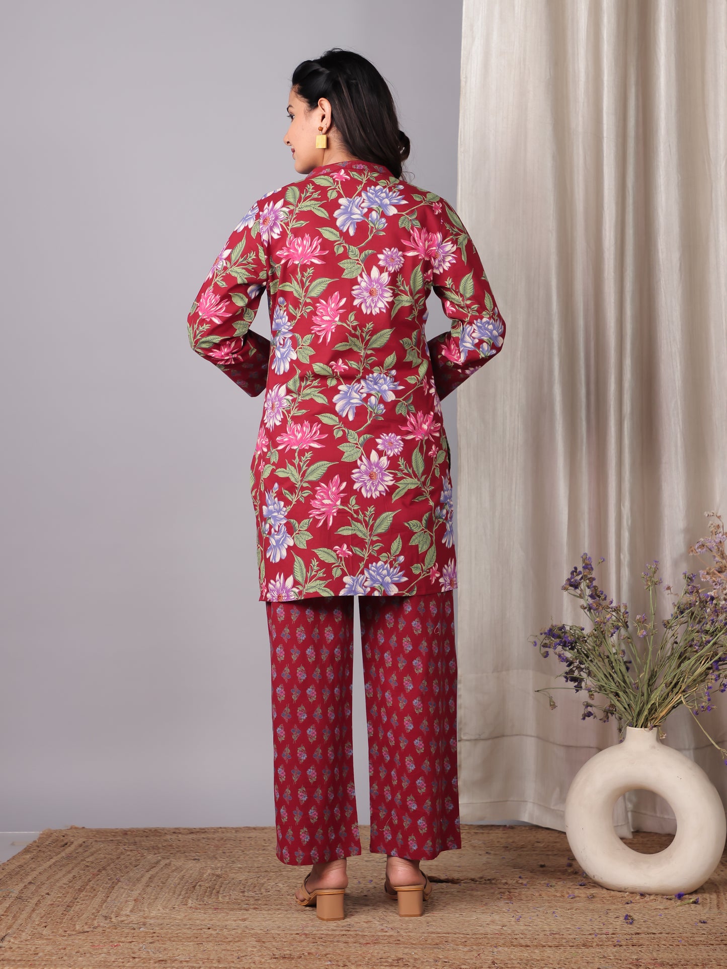 Soft Cotton Floral Straight Red Kurta