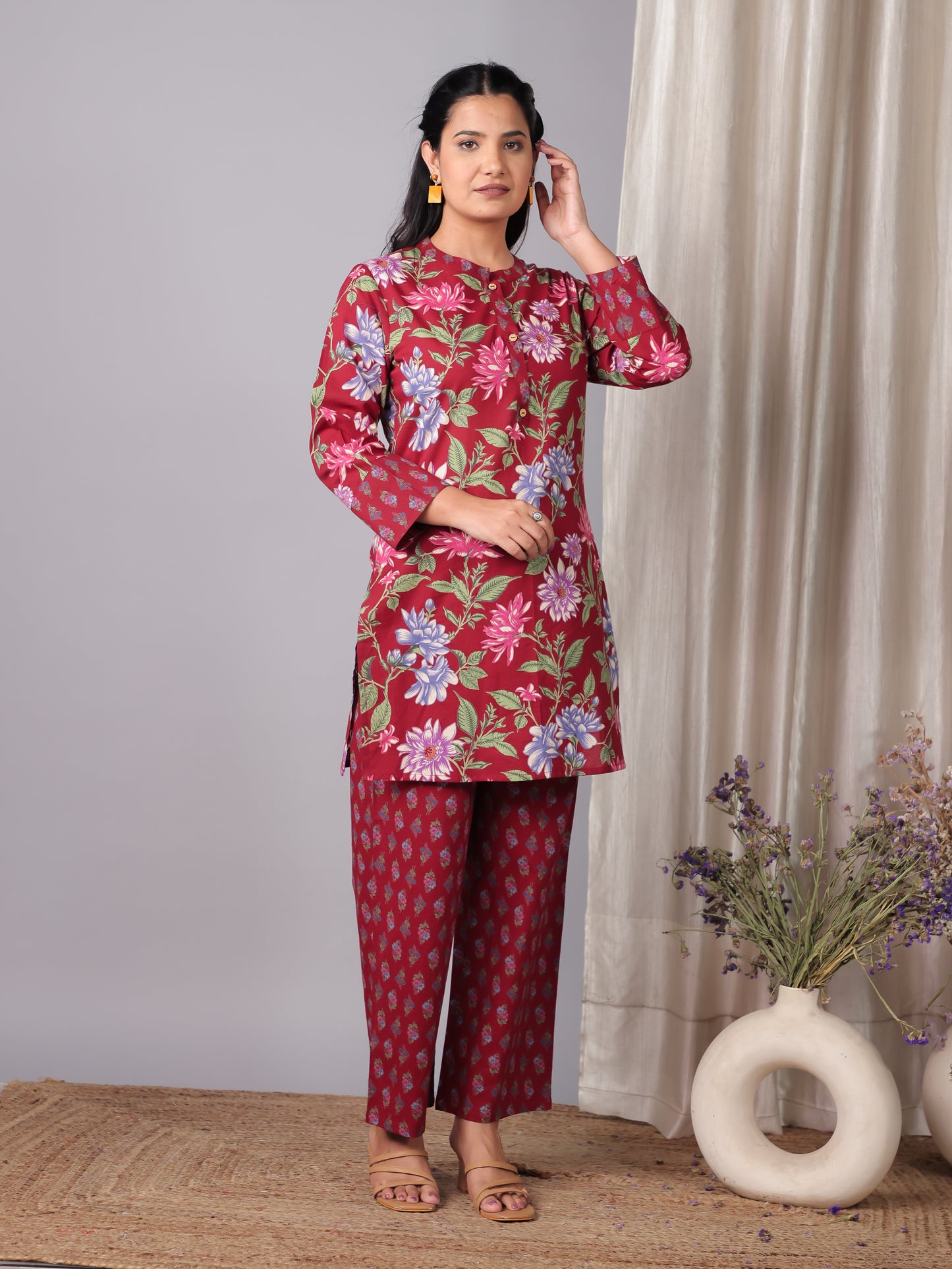 Soft Cotton Floral Straight Red Kurta