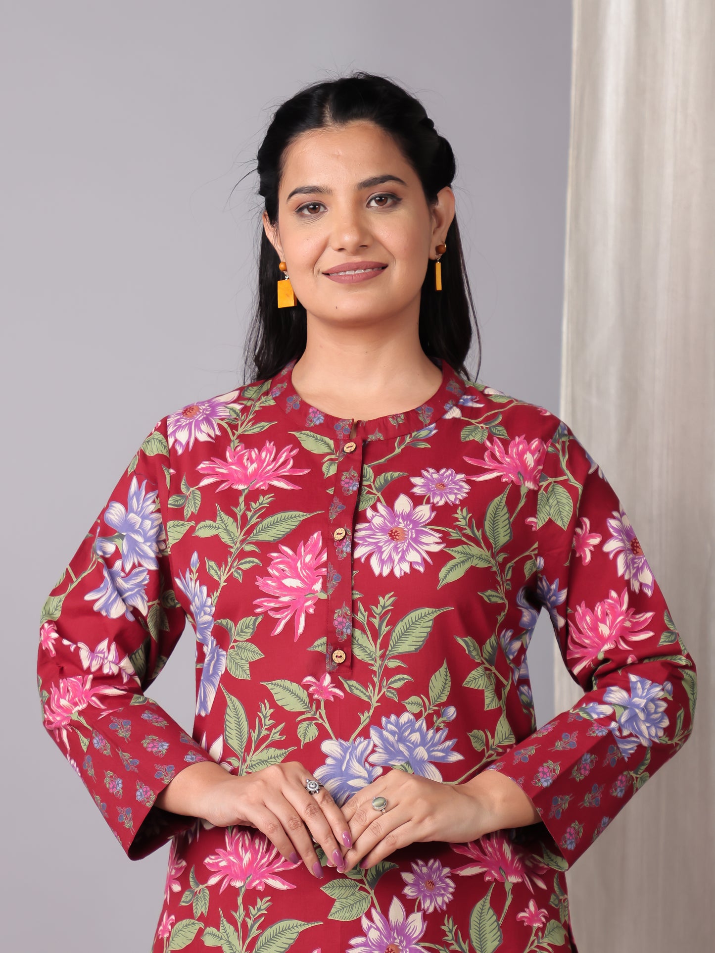 Soft Cotton Floral Straight Red Kurta