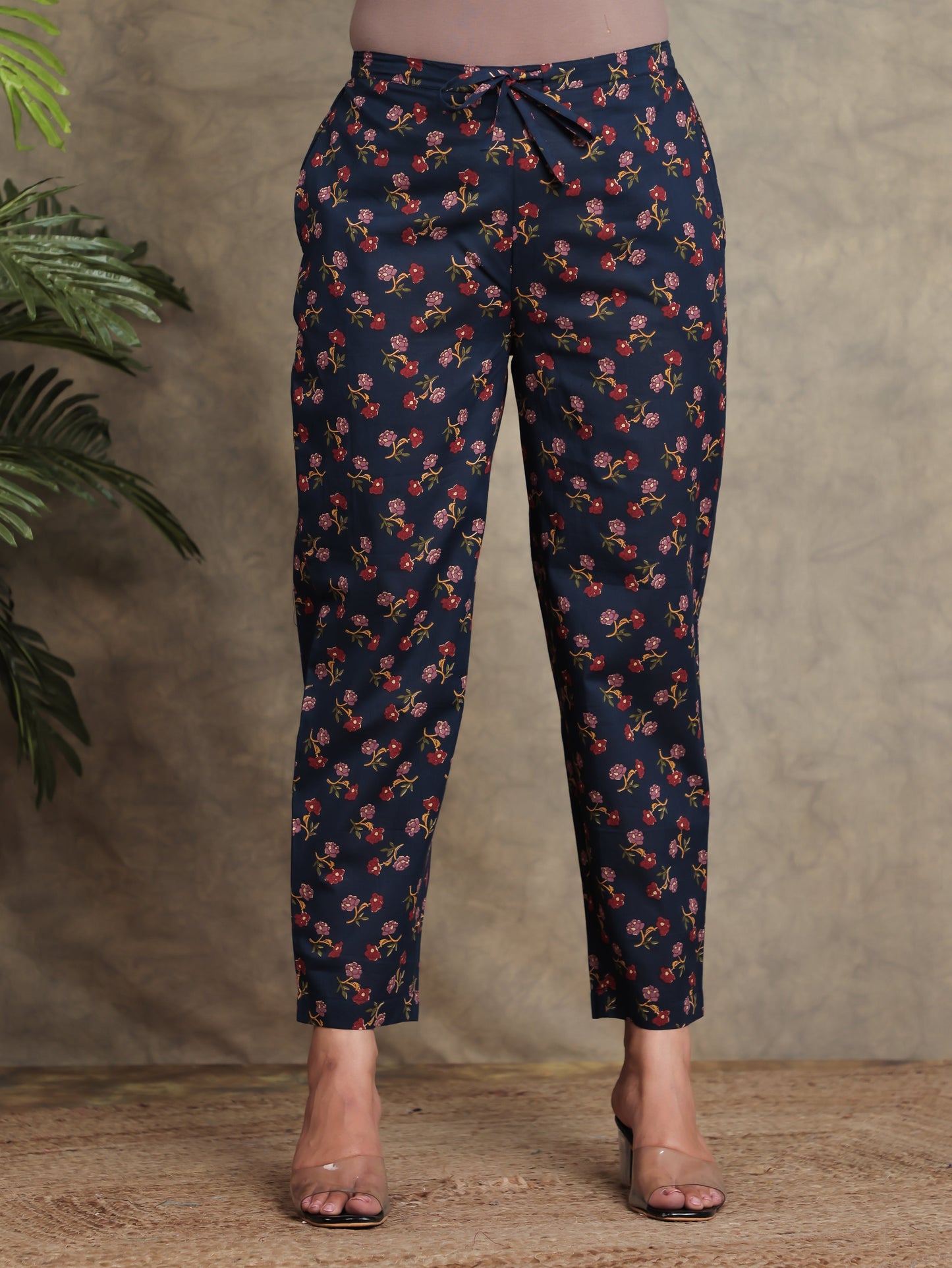 Soft Cotton Floral Navy Blue Trousers  Tapered Trousers