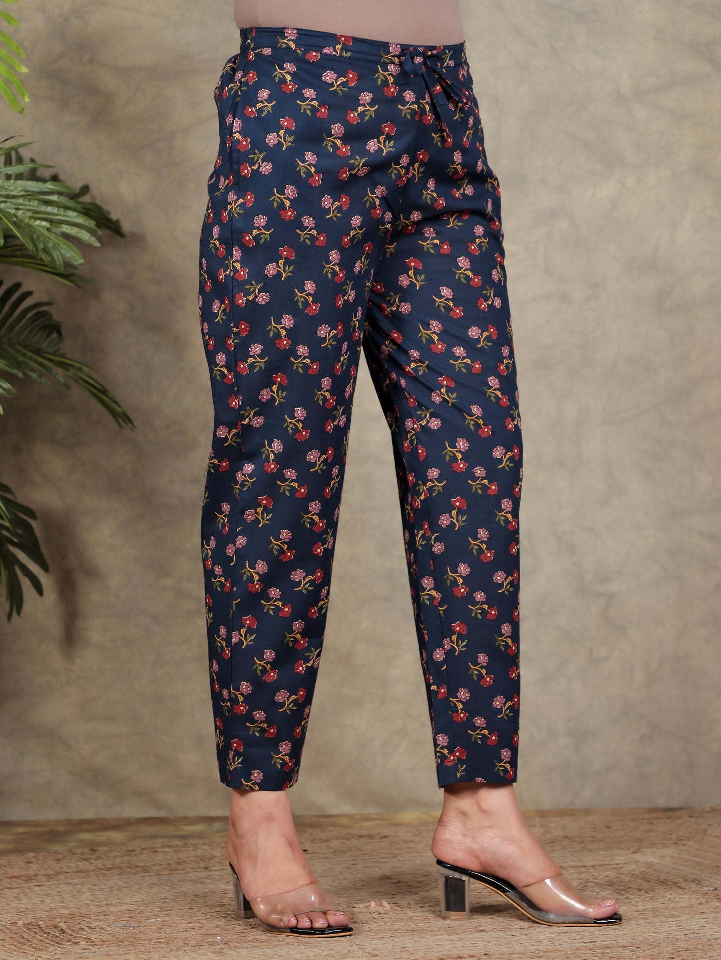Soft Cotton Floral Navy Blue Trousers  Tapered Trousers