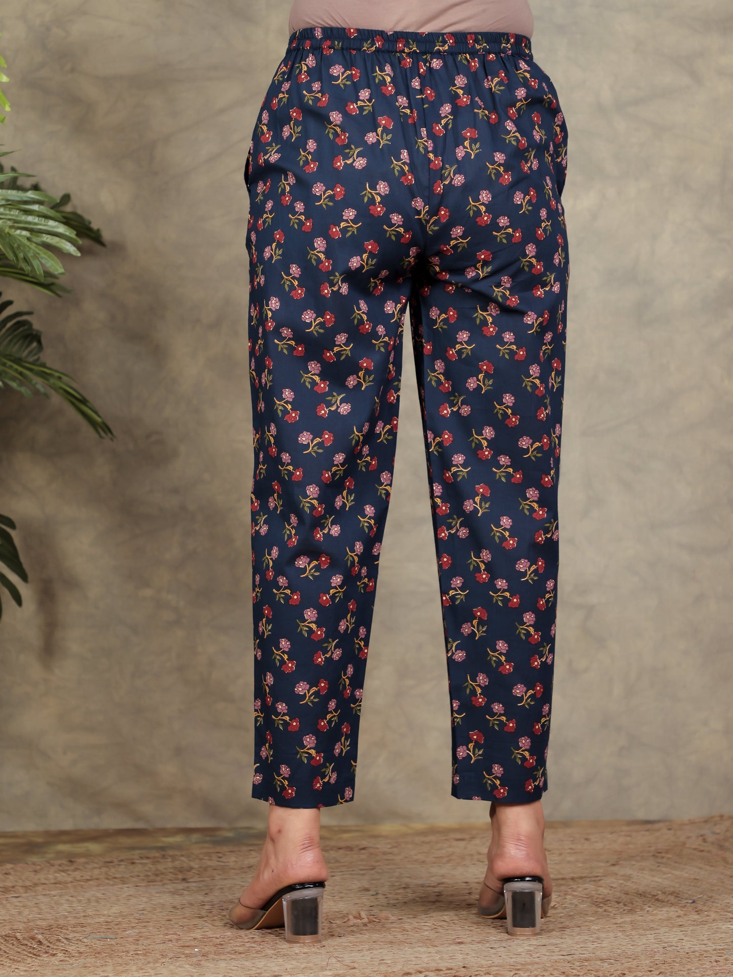 Soft Cotton Floral Navy Blue Trousers  Tapered Trousers