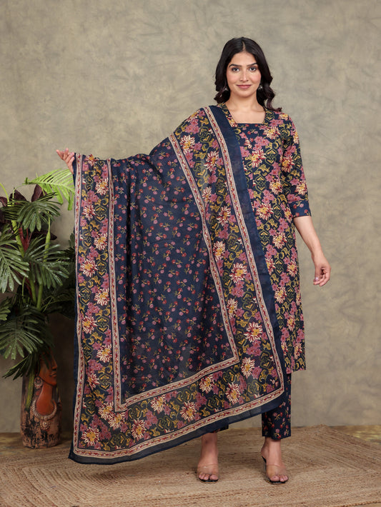 Cotton Voile Floral Navy Blue Dupatta