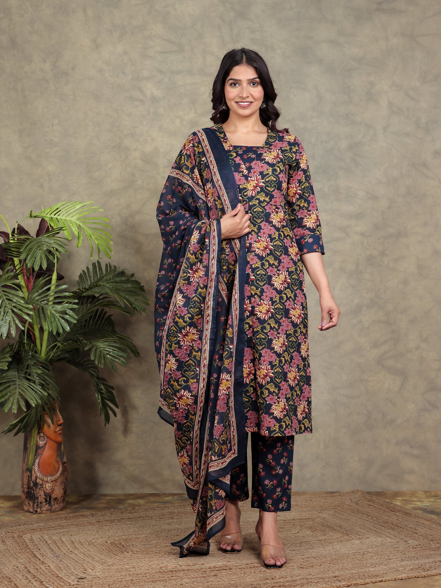 Cotton Voile Floral Navy Blue Dupatta