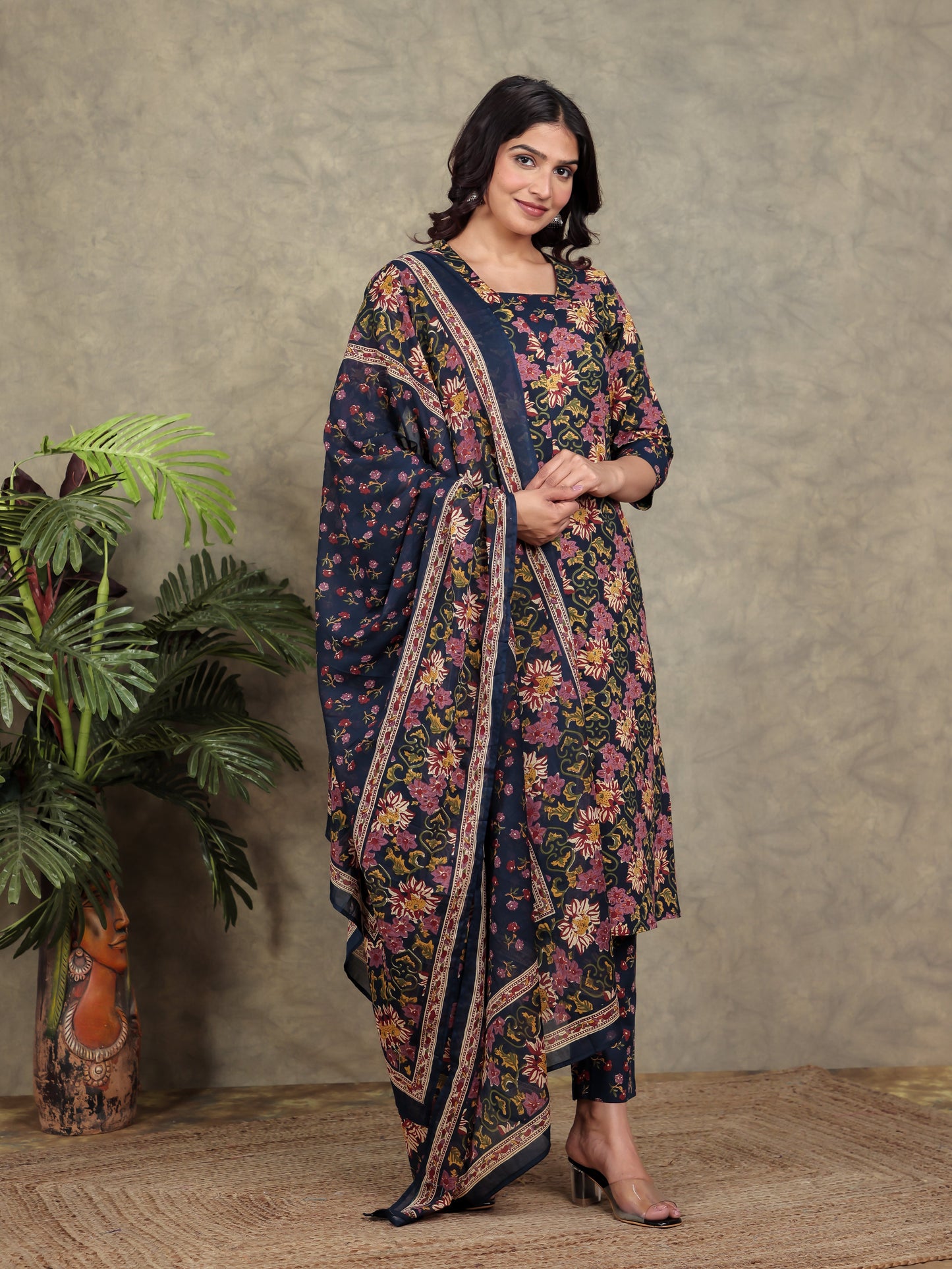 Cotton Voile Floral Navy Blue Dupatta