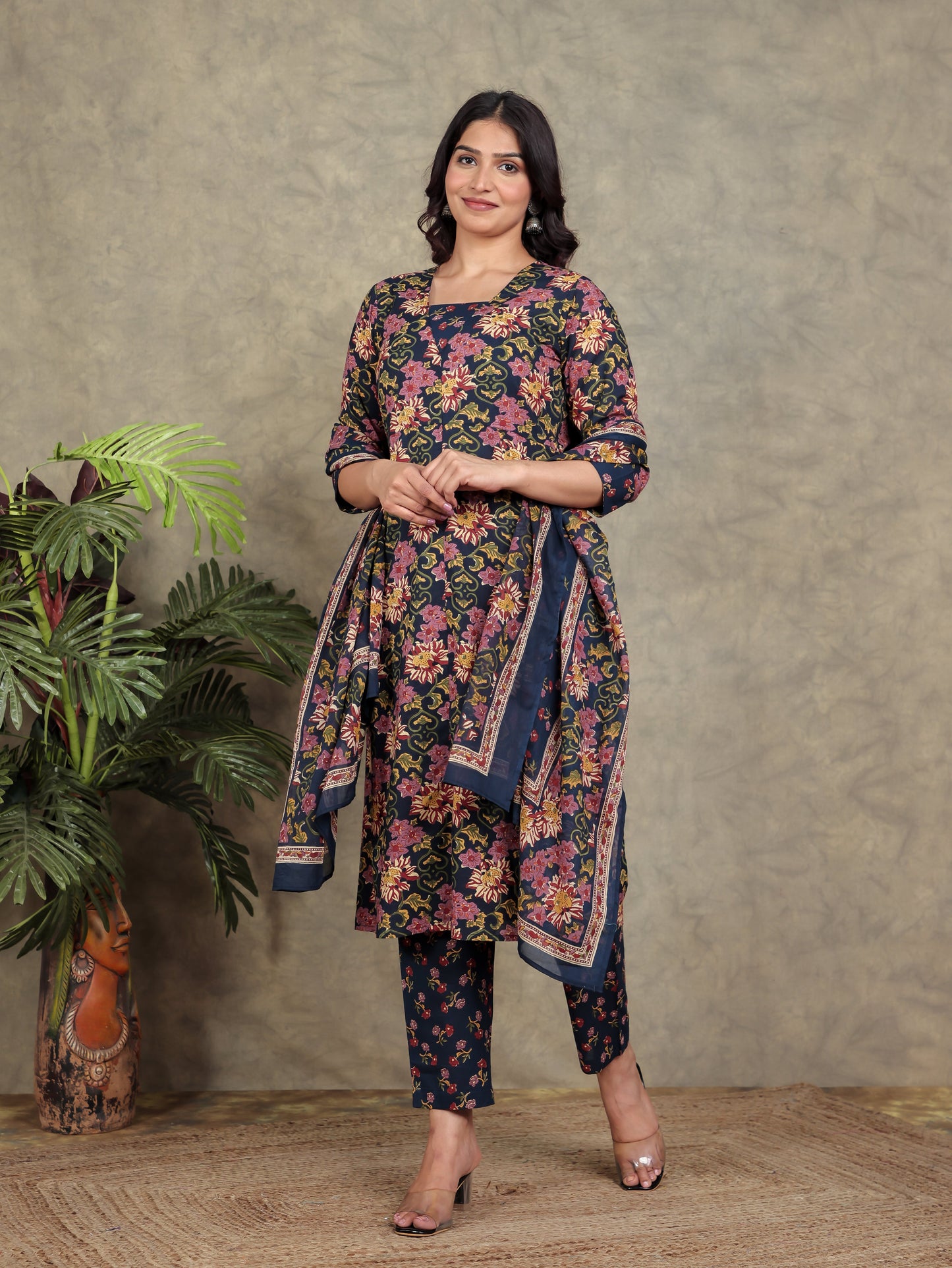Soft Cotton Floral Straight Navy Blue Kurta