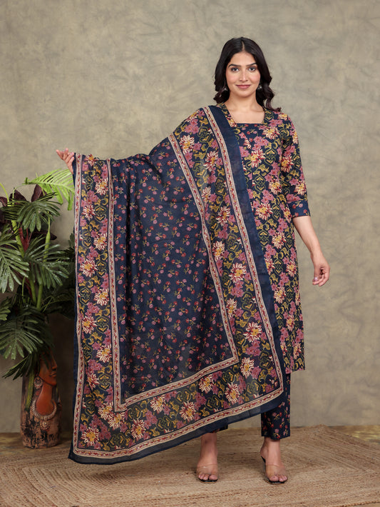 Soft Cotton Floral Straight Navy Blue Kurta