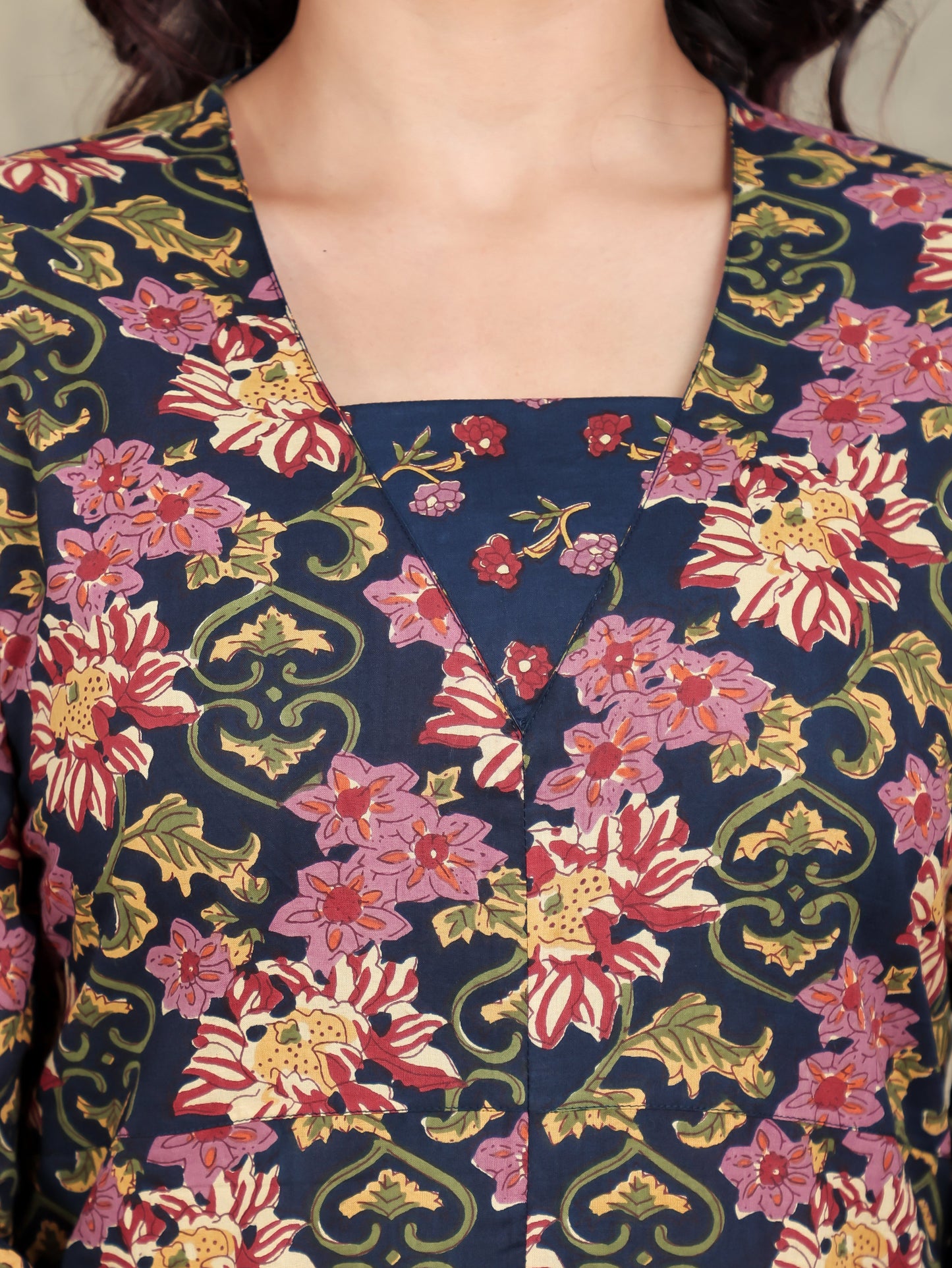Soft Cotton Floral Straight Navy Blue Kurta