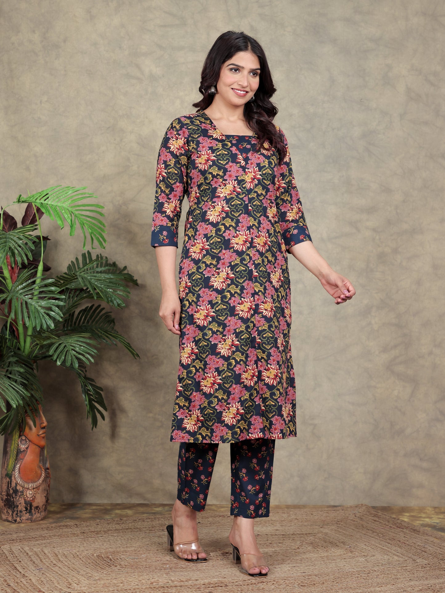 Soft Cotton Floral Straight Navy Blue Kurta
