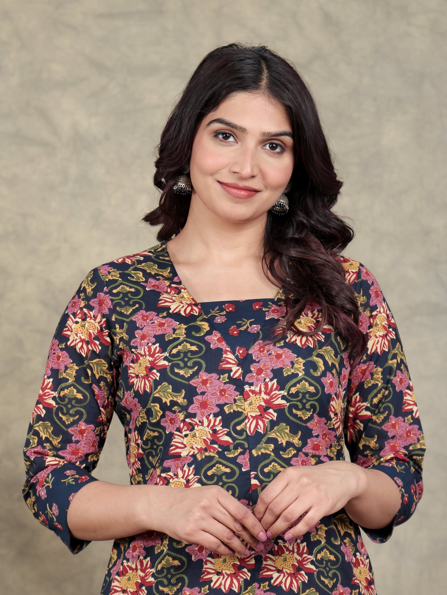 Soft Cotton Floral Straight Navy Blue Kurta