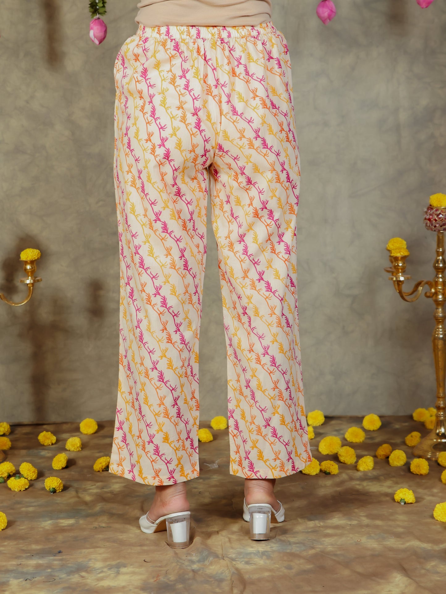 Soft Cotton Foliage Cream Straight Trousers