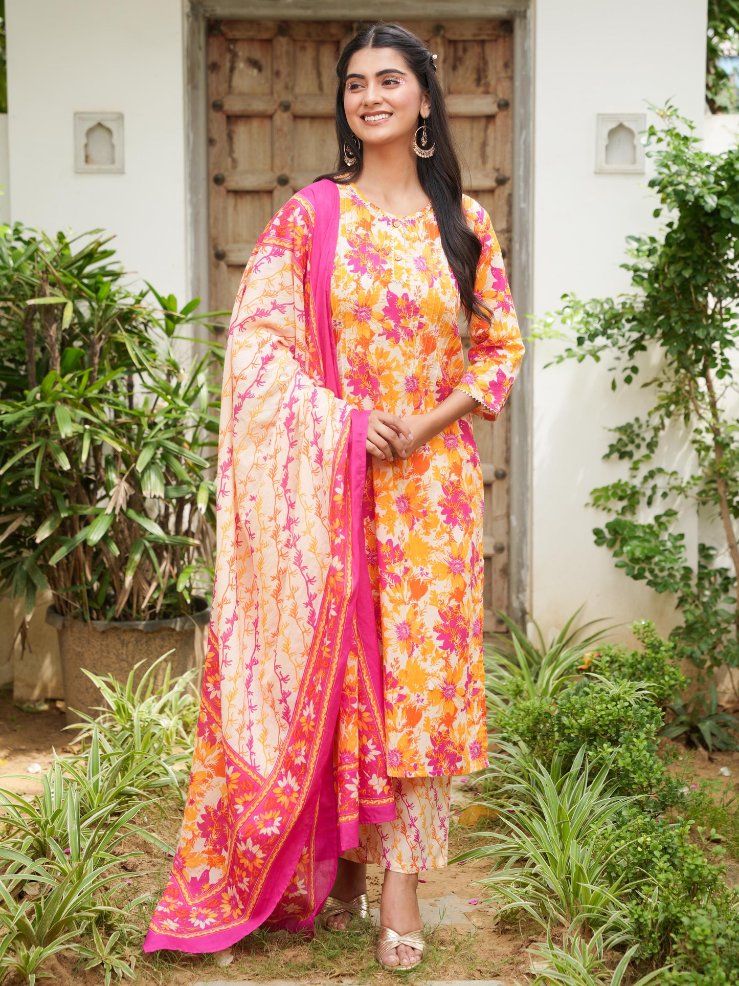 Cotton Voile Foliage Cream Dupatta