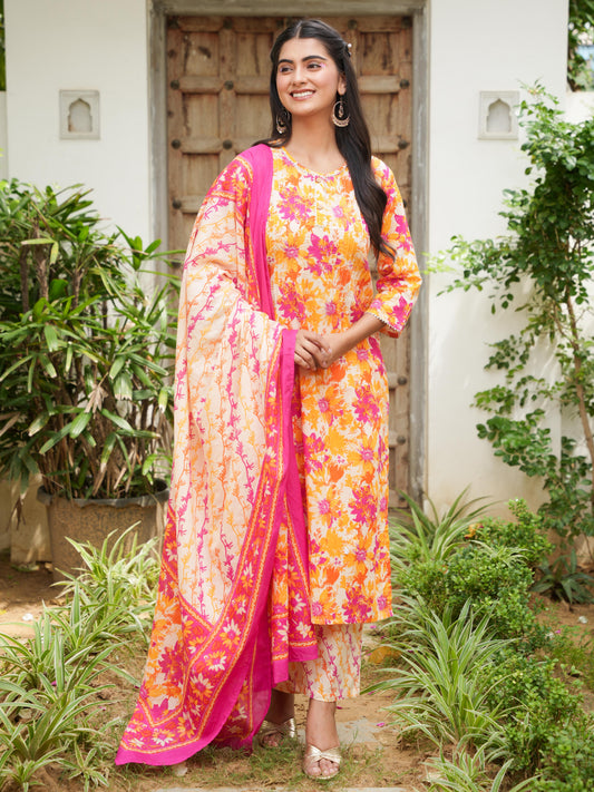 Cotton Voile Foliage Cream Dupatta