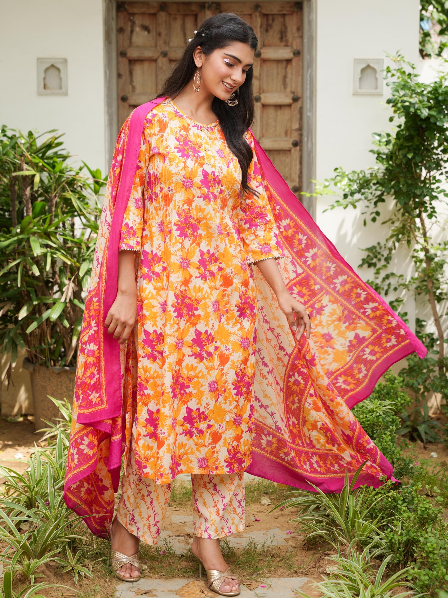 Cotton Voile Foliage Cream Dupatta