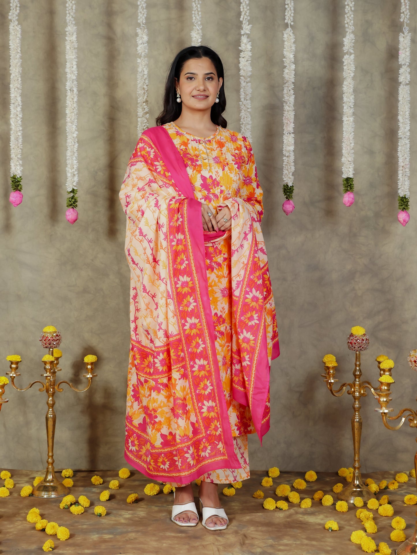 Cotton Voile Foliage Cream Dupatta