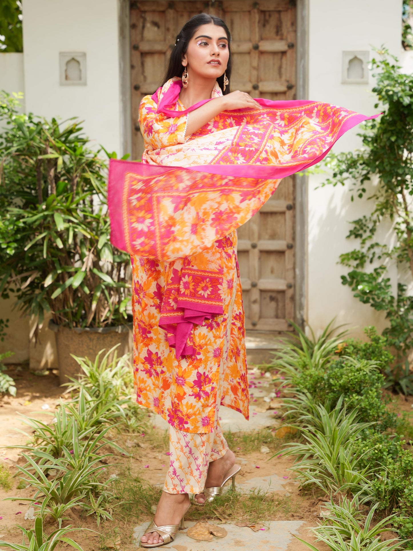 Cotton Voile Foliage Cream Dupatta