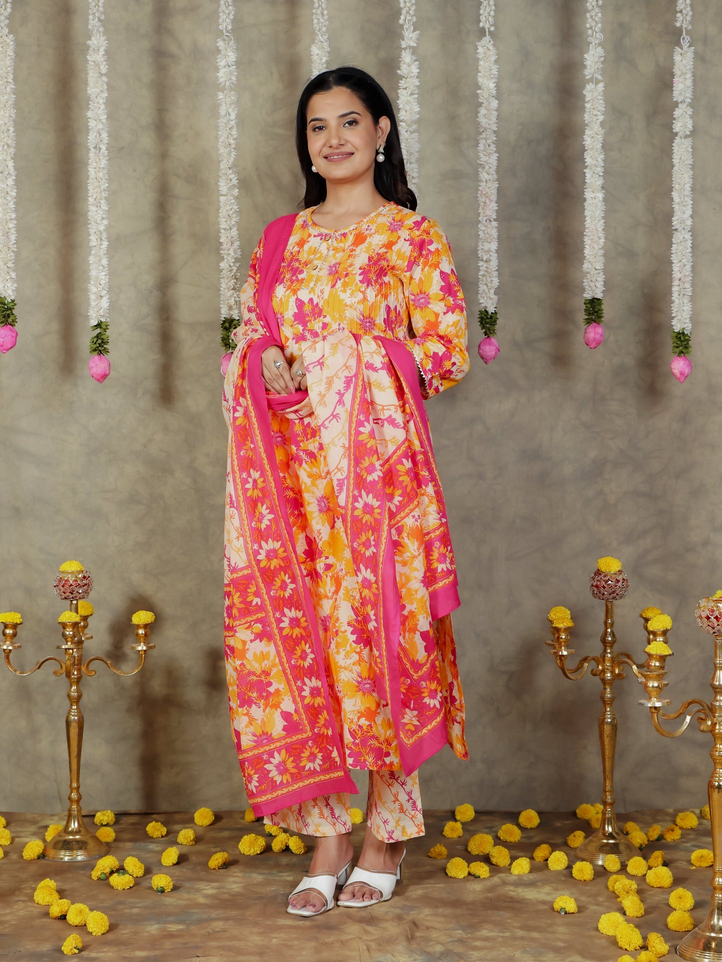 Cotton Voile Foliage Cream Dupatta