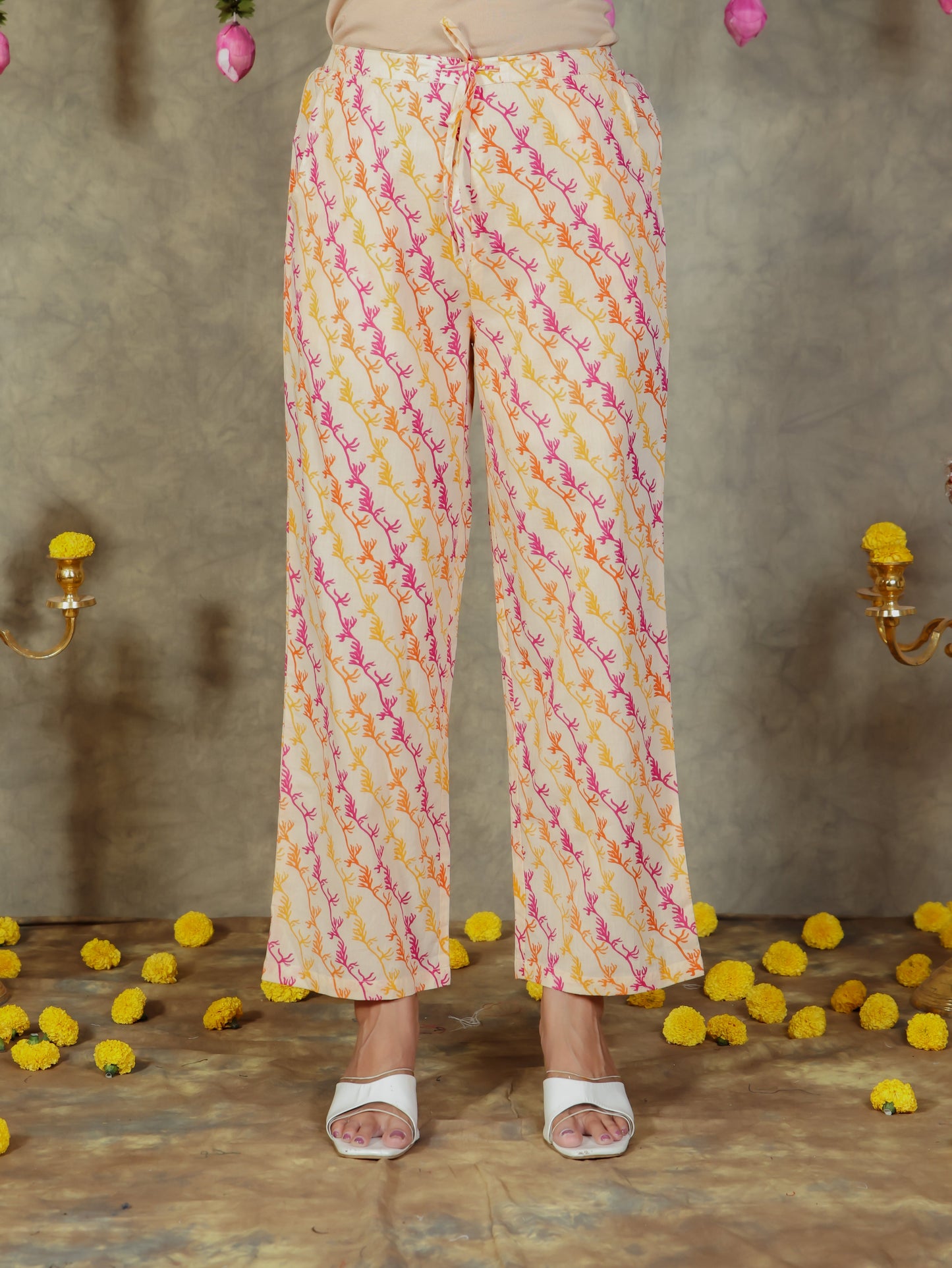 Soft Cotton Foliage Straight Cream Kurta