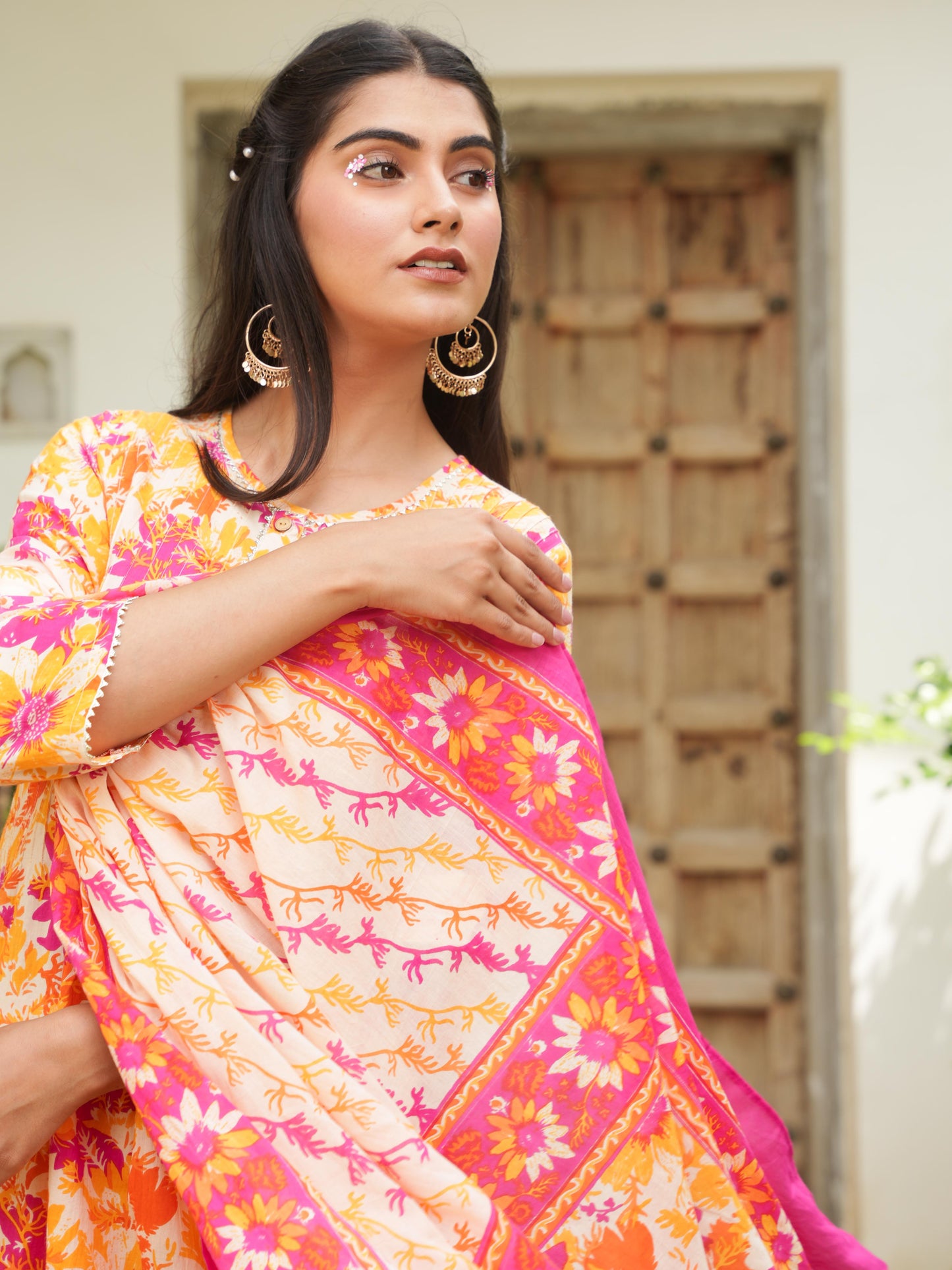 Soft Cotton Foliage Straight Cream Kurta
