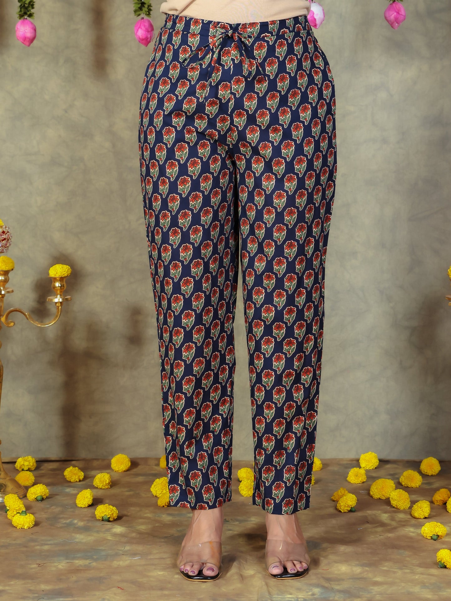 Soft Cotton Floral Navy Blue Tapered Trousers