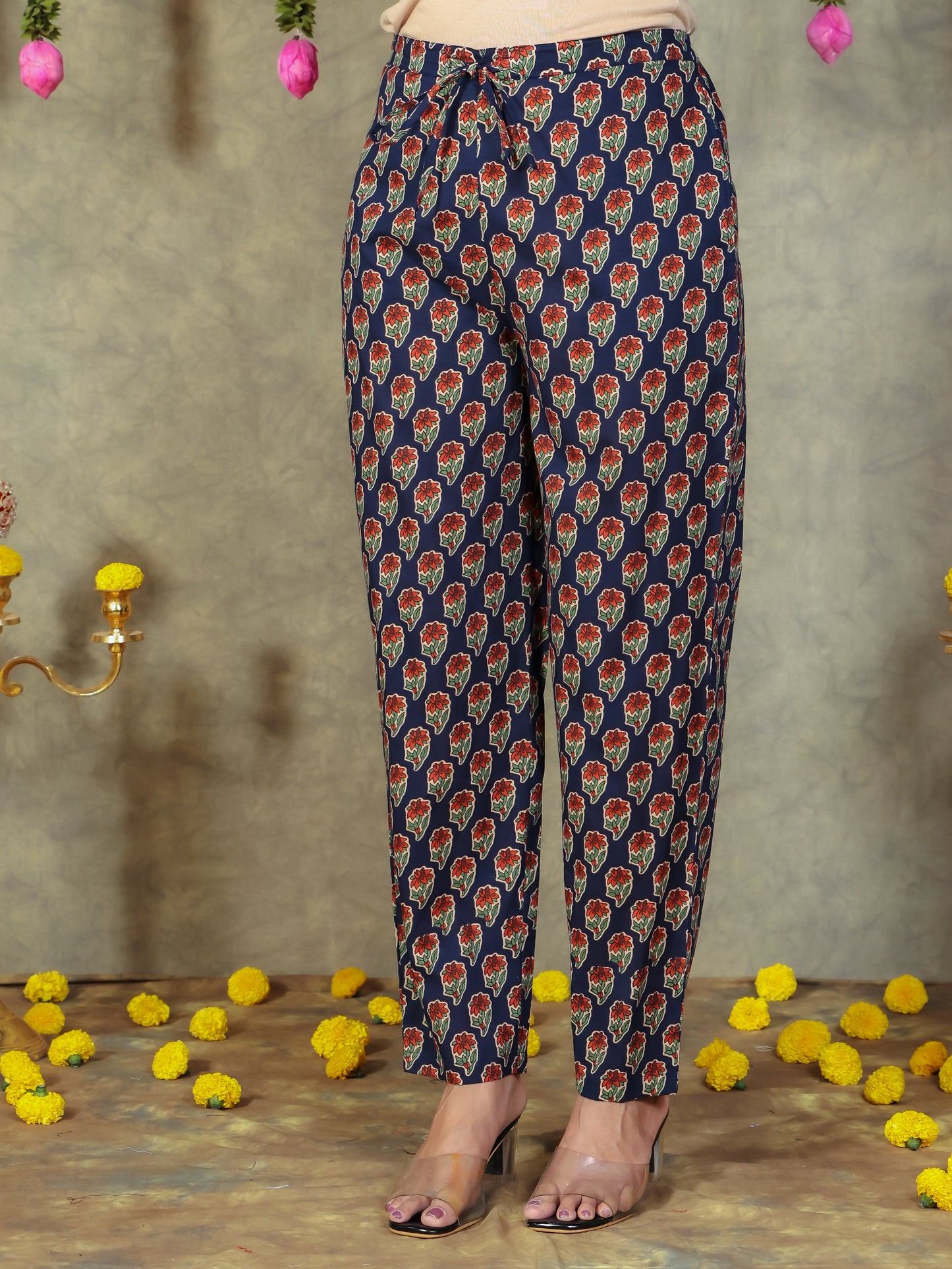 Soft Cotton Floral Navy Blue Tapered Trousers