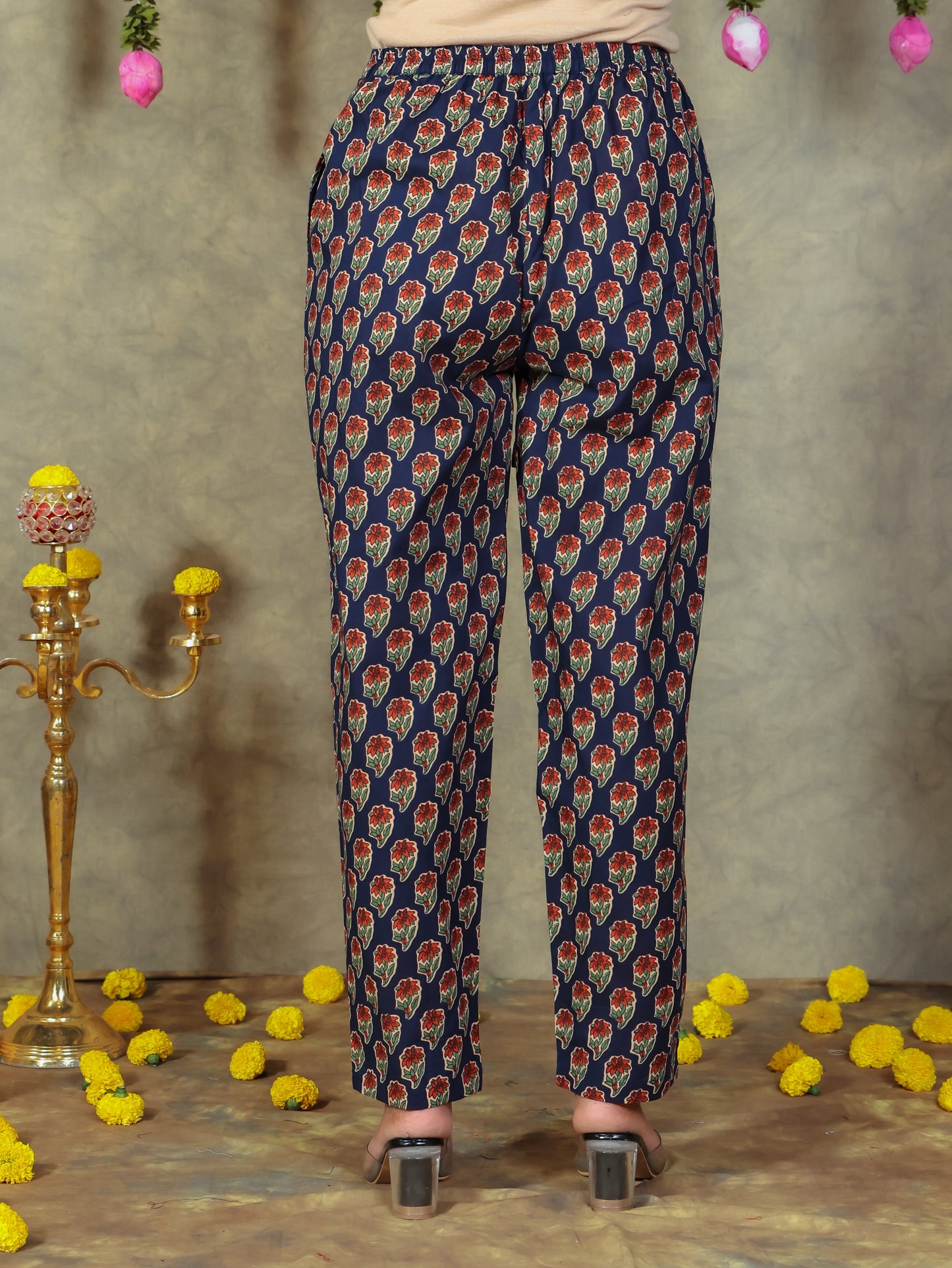 Soft Cotton Floral Navy Blue Tapered Trousers