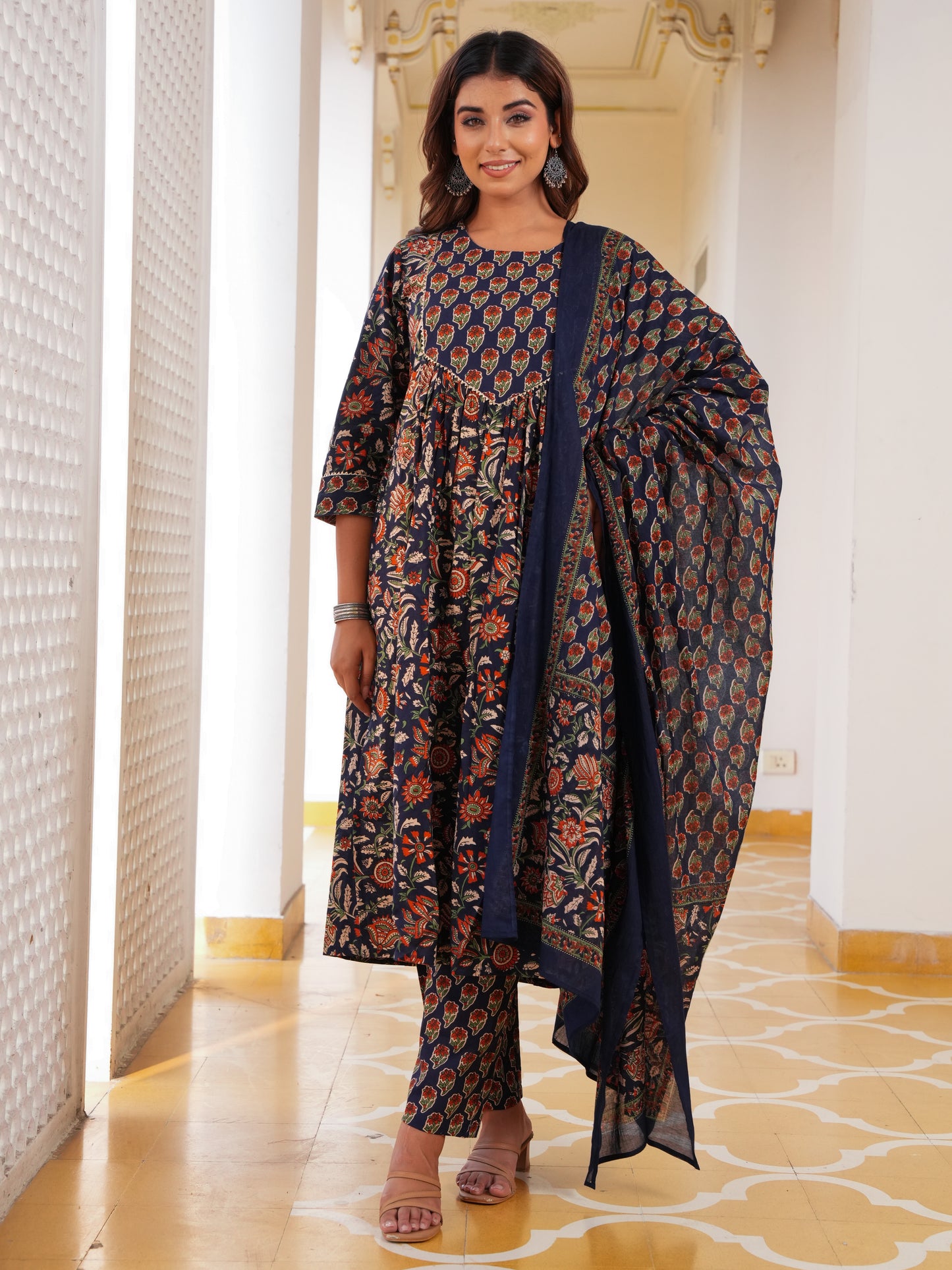 Cotton Voile Floral Navy Blue Dupatta