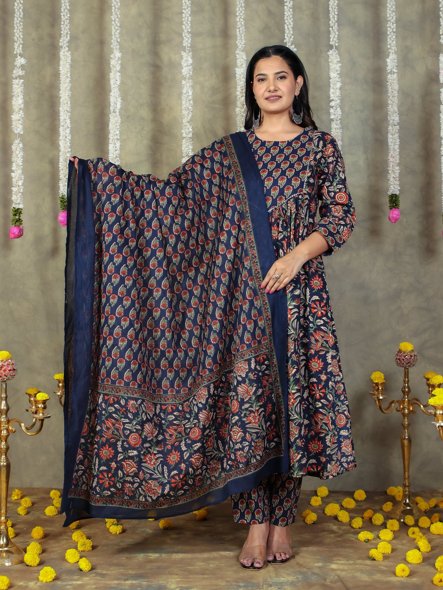 Cotton Voile Floral Navy Blue Dupatta