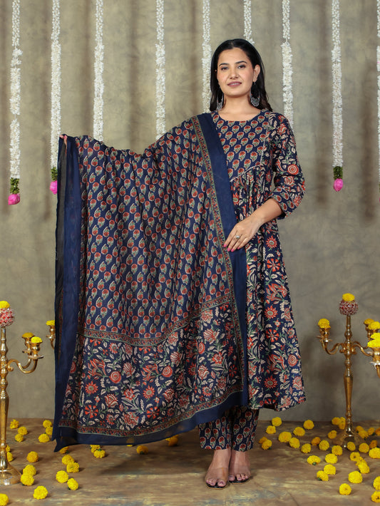 Cotton Voile Floral Navy Blue Dupatta