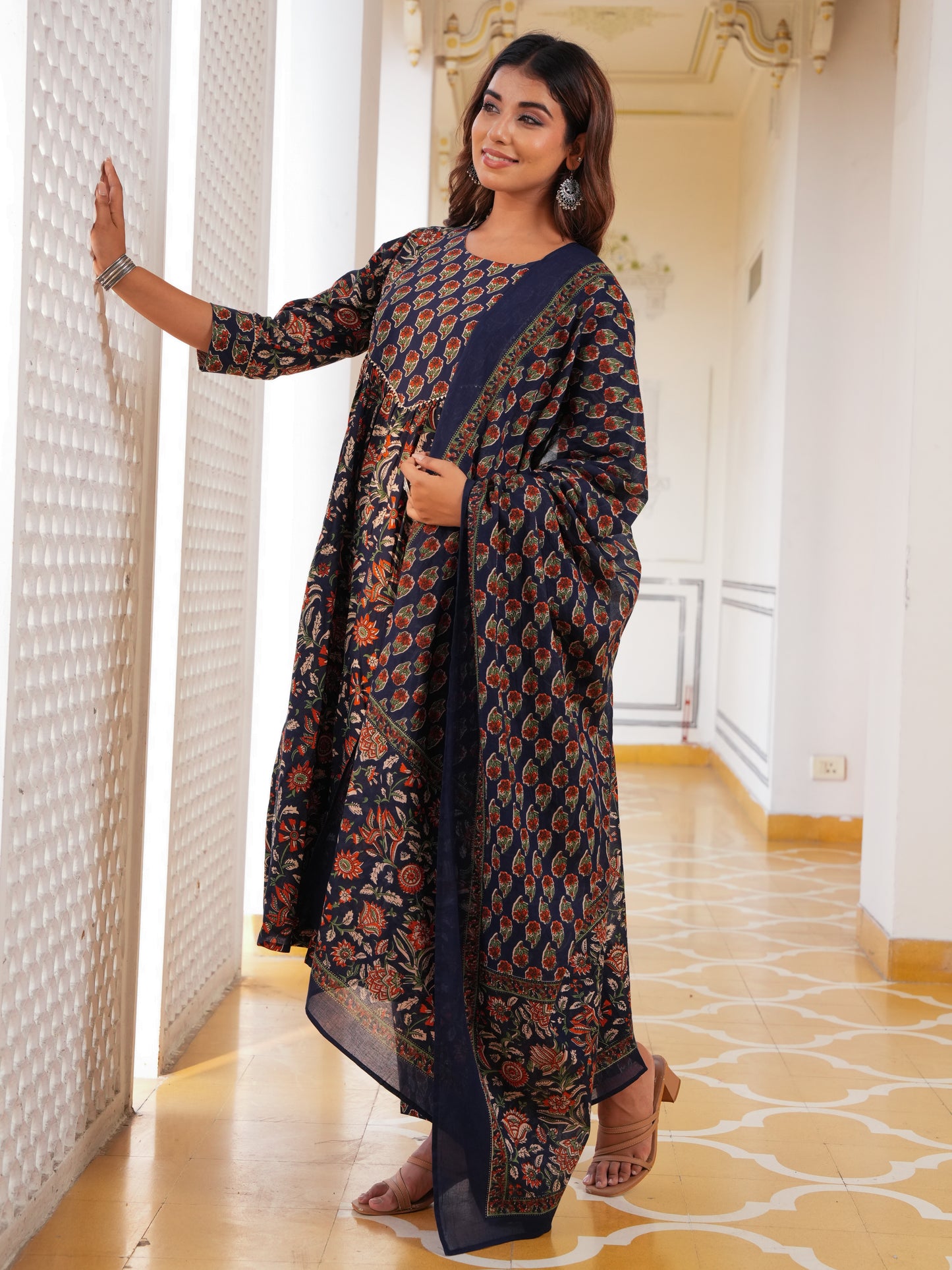 Cotton Voile Floral Navy Blue Dupatta