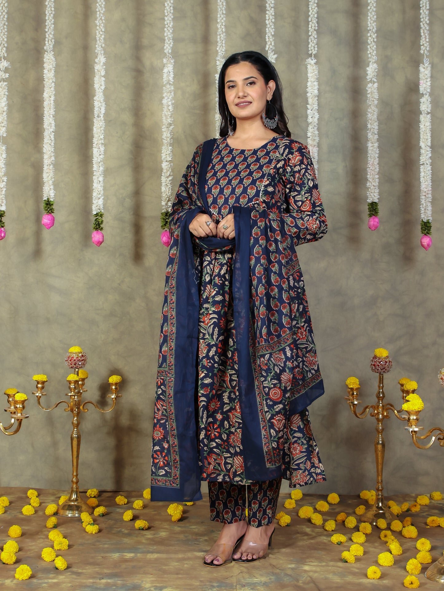 Cotton Voile Floral Navy Blue Dupatta