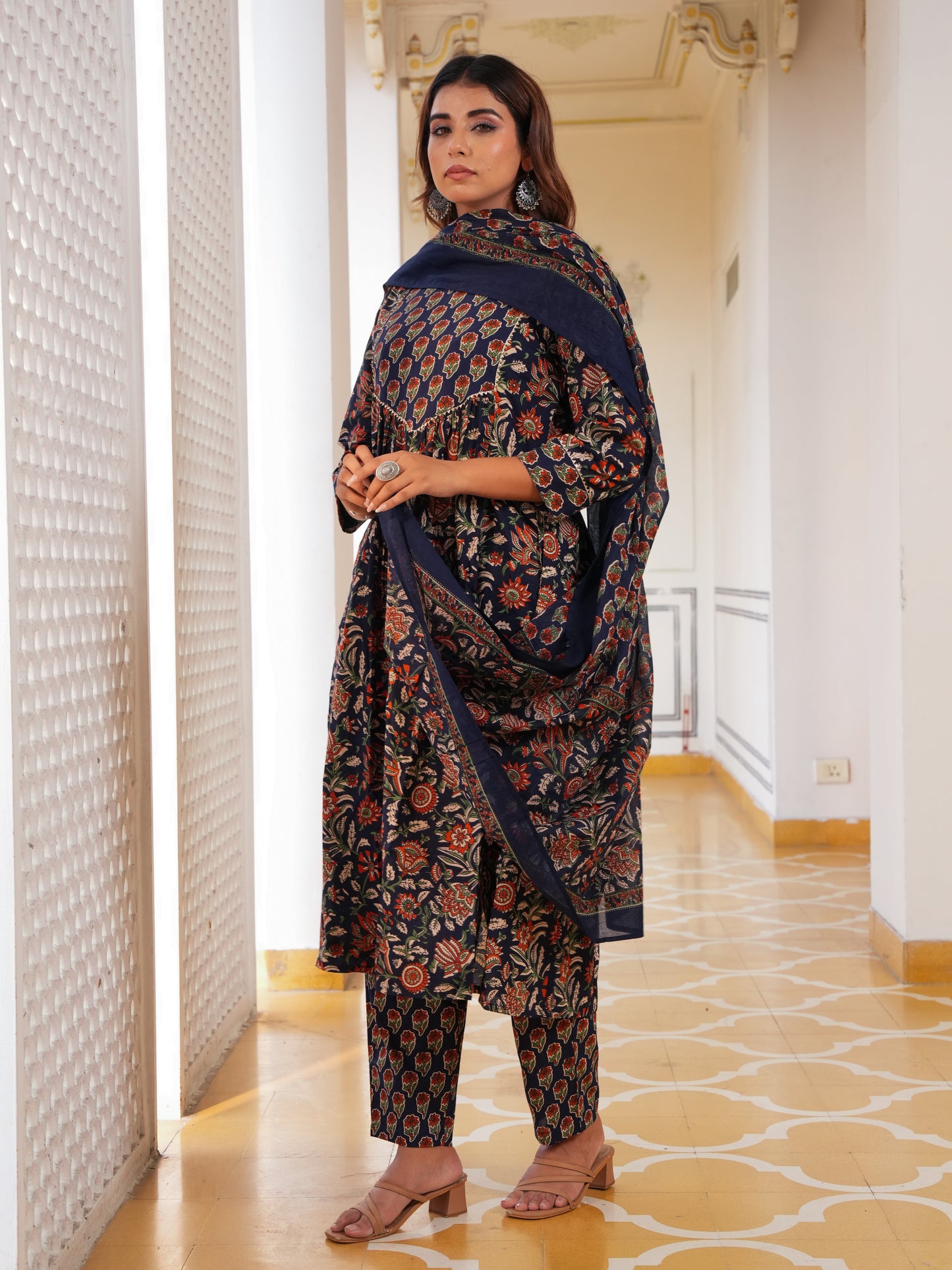 Cotton Voile Floral Navy Blue Dupatta