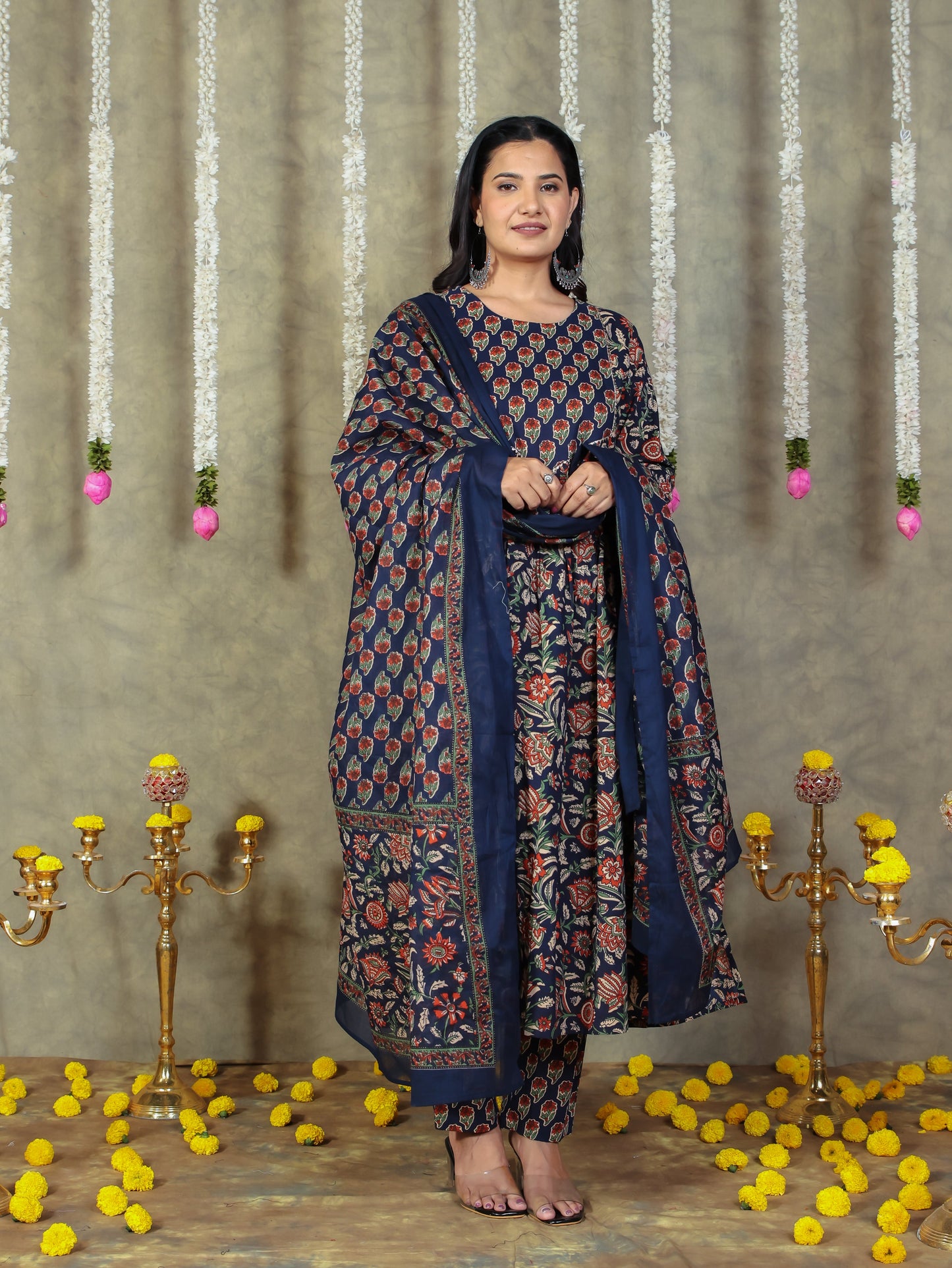Cotton Voile Floral Navy Blue Dupatta
