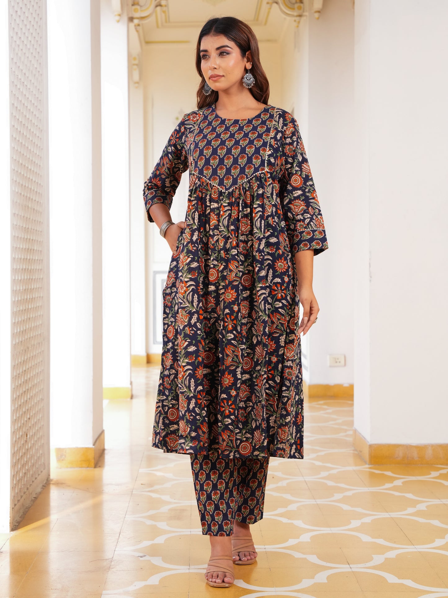Soft Cotton Floral A-line Navy Blue Kurta