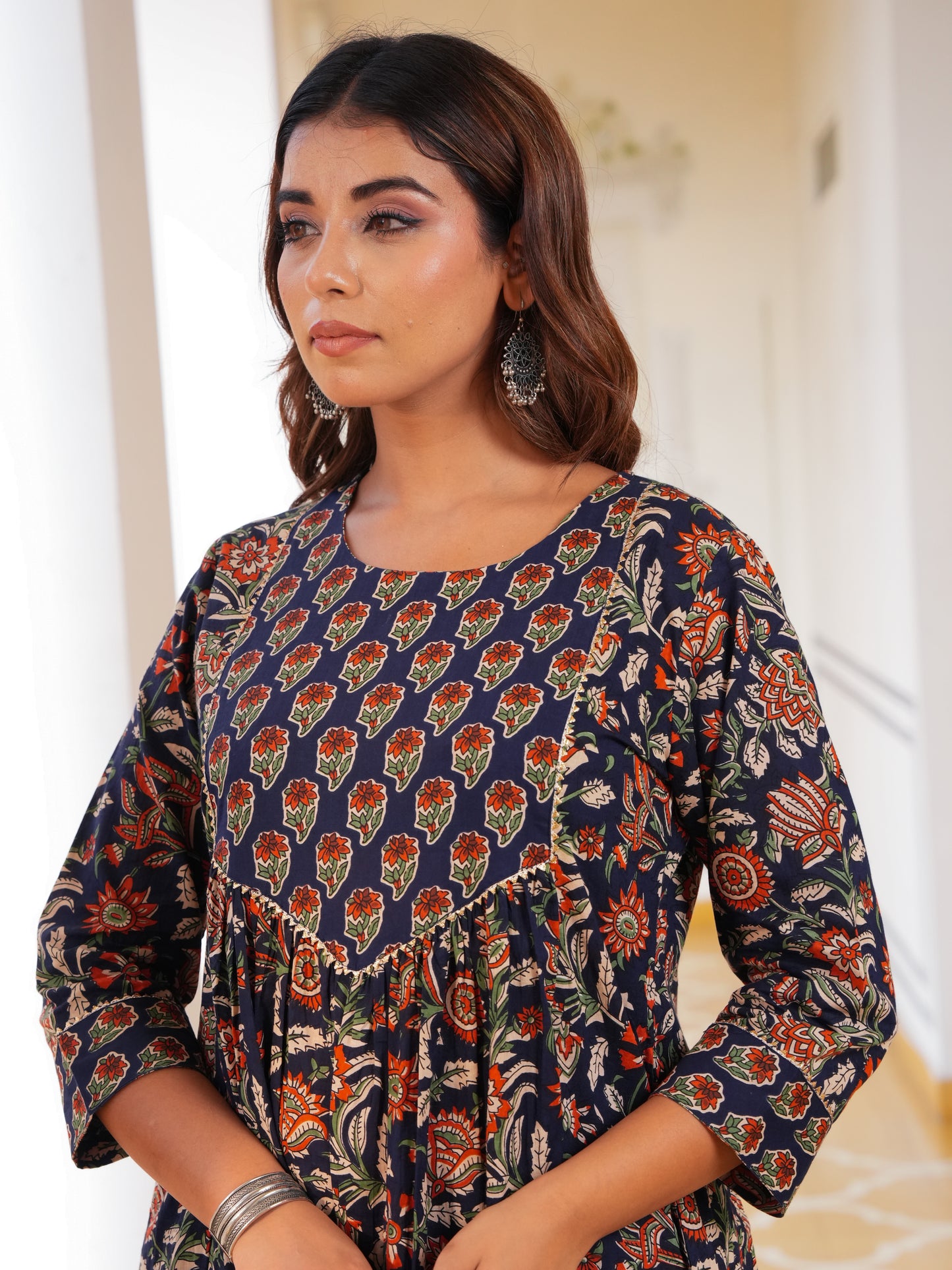 Soft Cotton Floral A-line Navy Blue Kurta