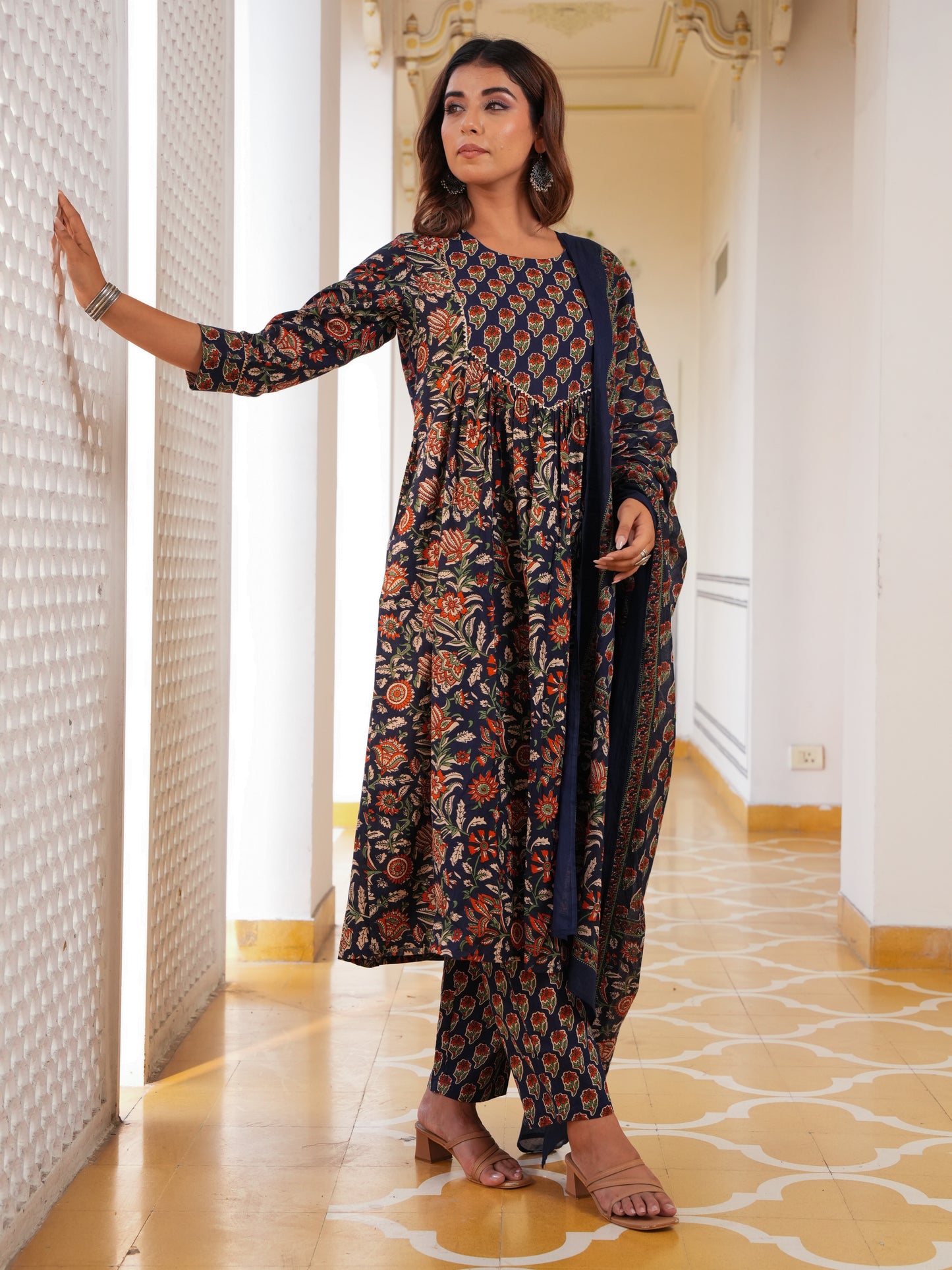 Soft Cotton Floral A-line Navy Blue Kurta