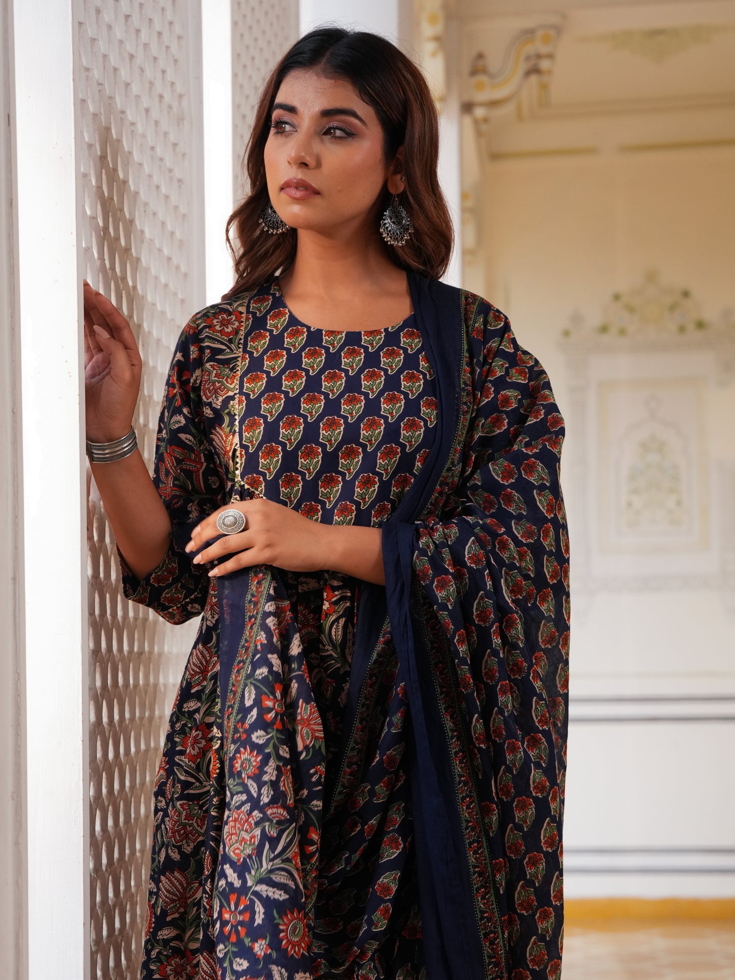 Soft Cotton Floral A-line Navy Blue Kurta