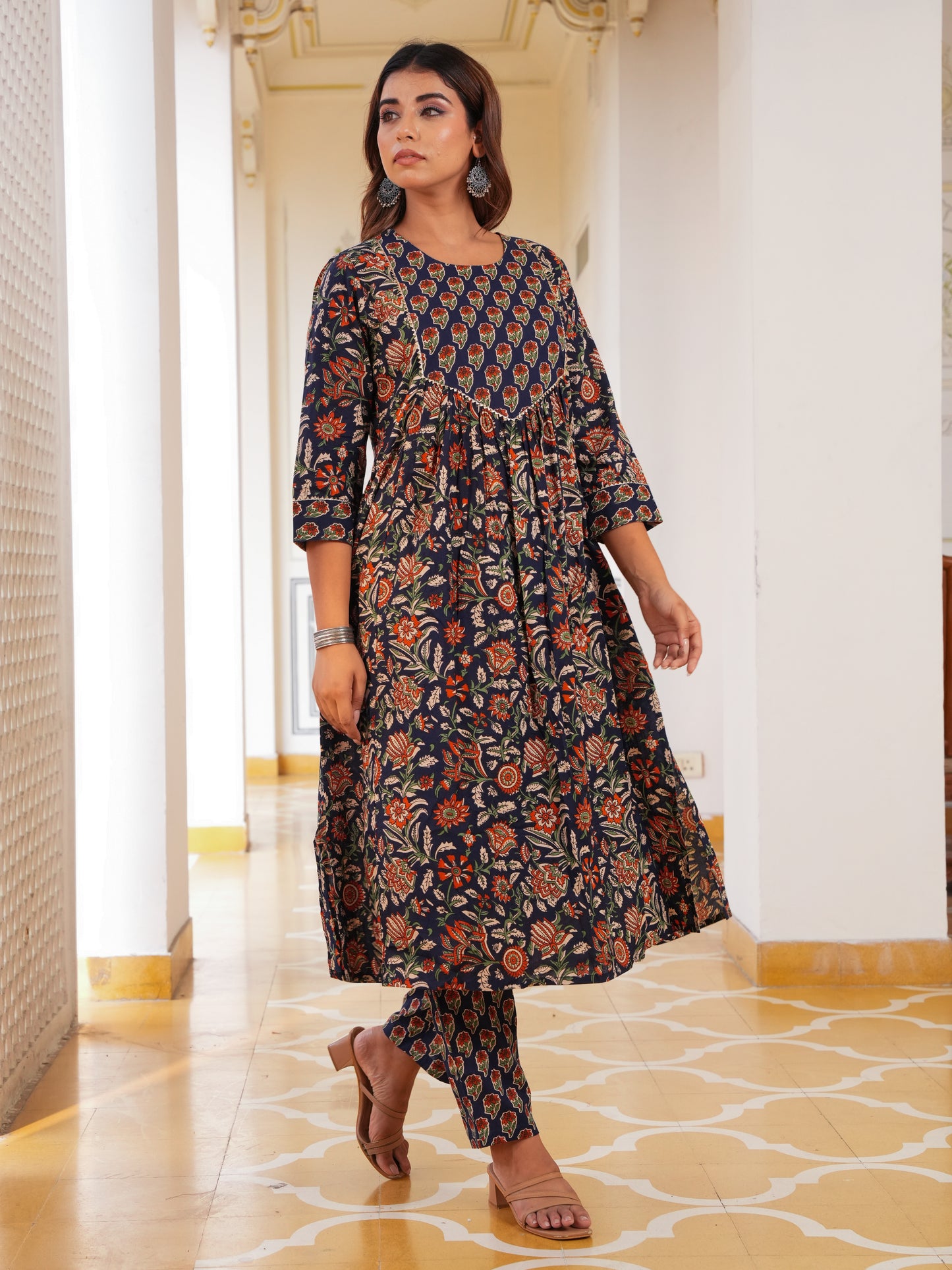Soft Cotton Floral A-line Navy Blue Kurta