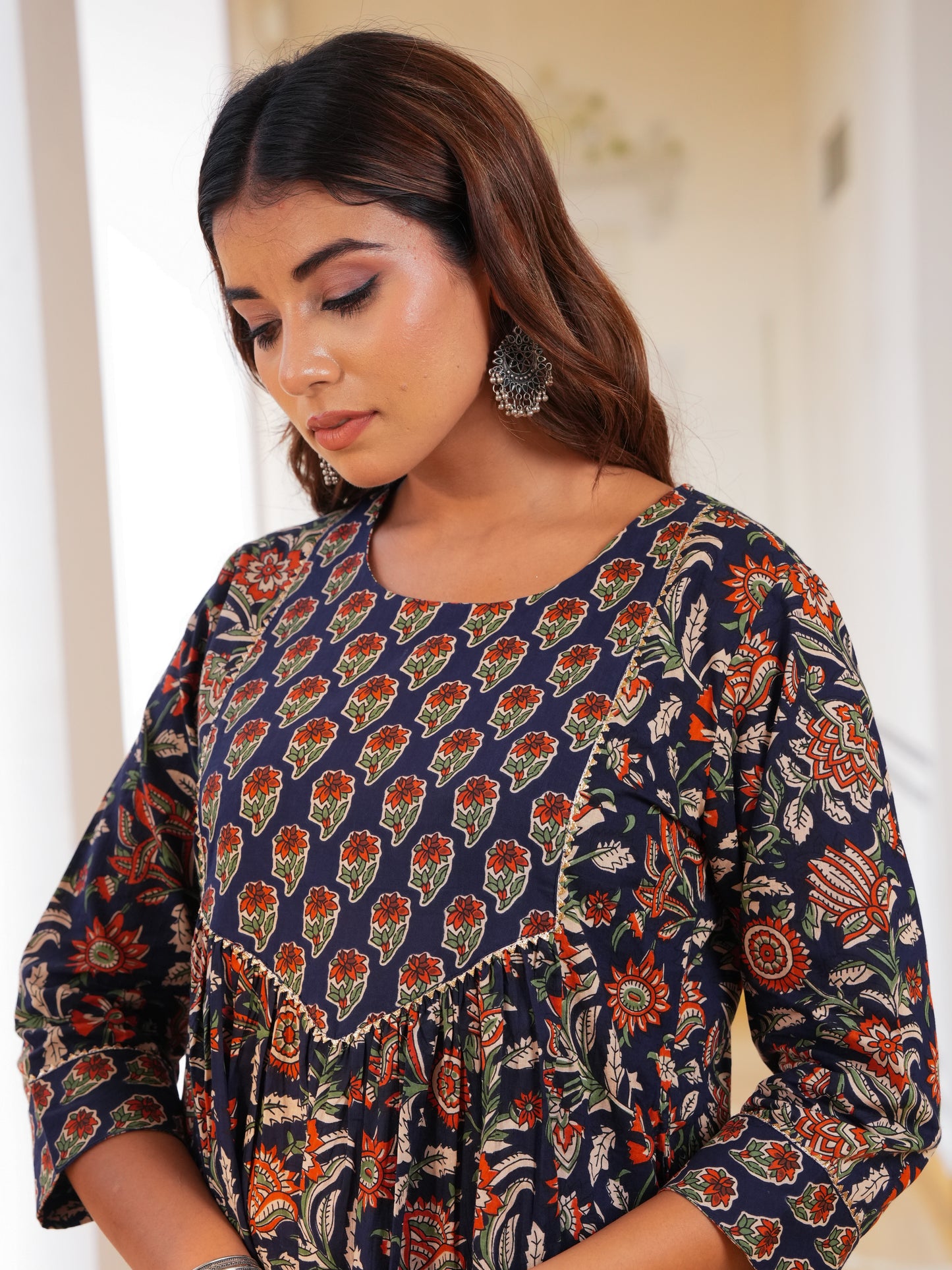 Soft Cotton Floral A-line Navy Blue Kurta