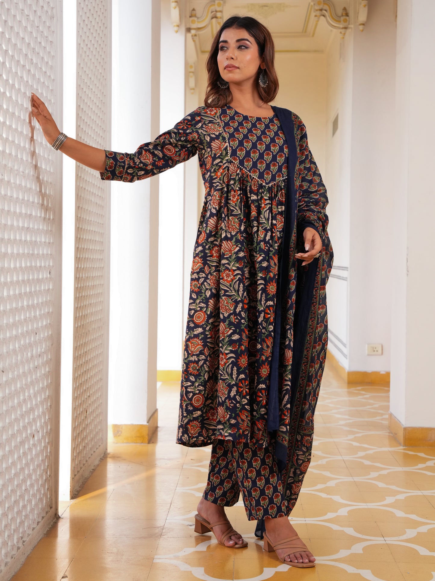 Soft Cotton Floral A-line Navy Blue Kurta