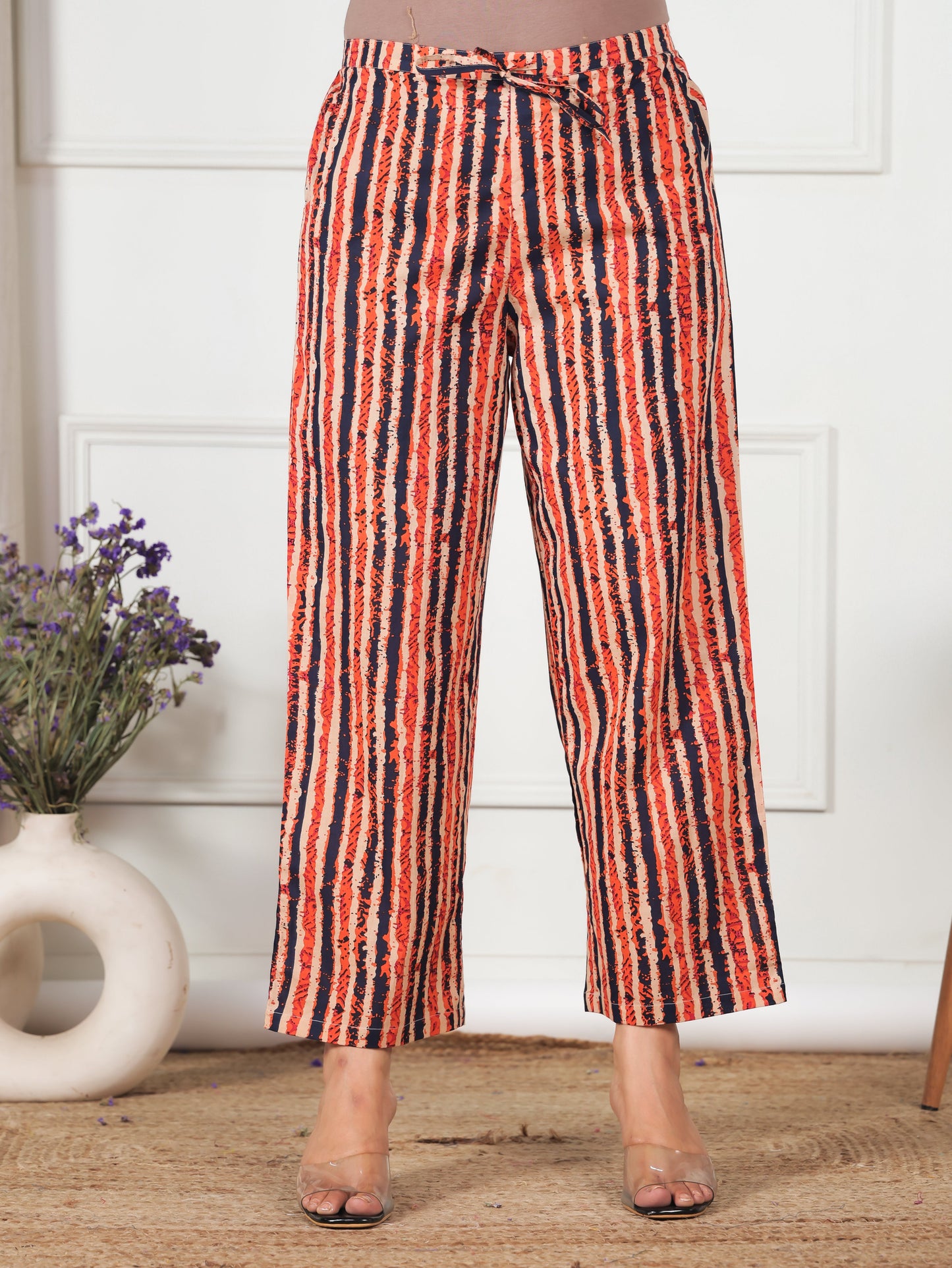 Soft Cotton Striped Blue Straight Trousers
